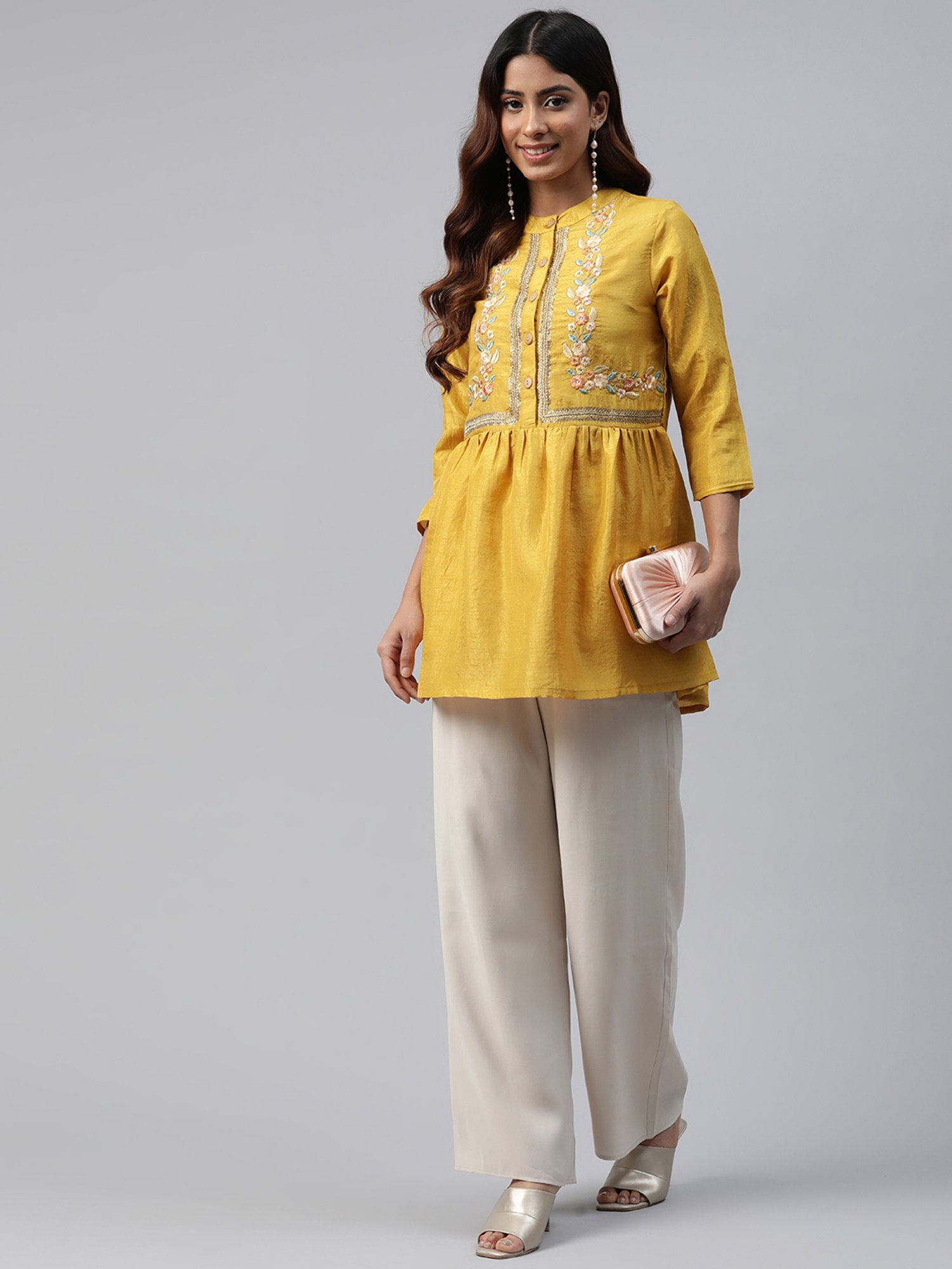 Cottinfab Yellow Silk Embroidered Top