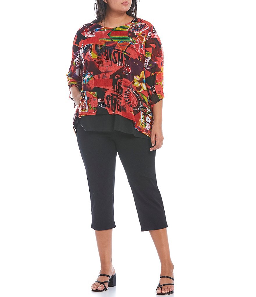 Calessa Plus Size Multi Print Round Neck Flute 3/4 Sleeve Asymmetrical Overlay Hem Tunic