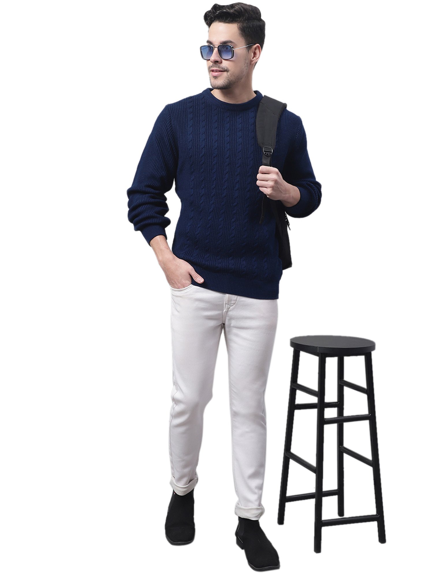 Cantabil Navy Regular Fit Self Design Sweater
