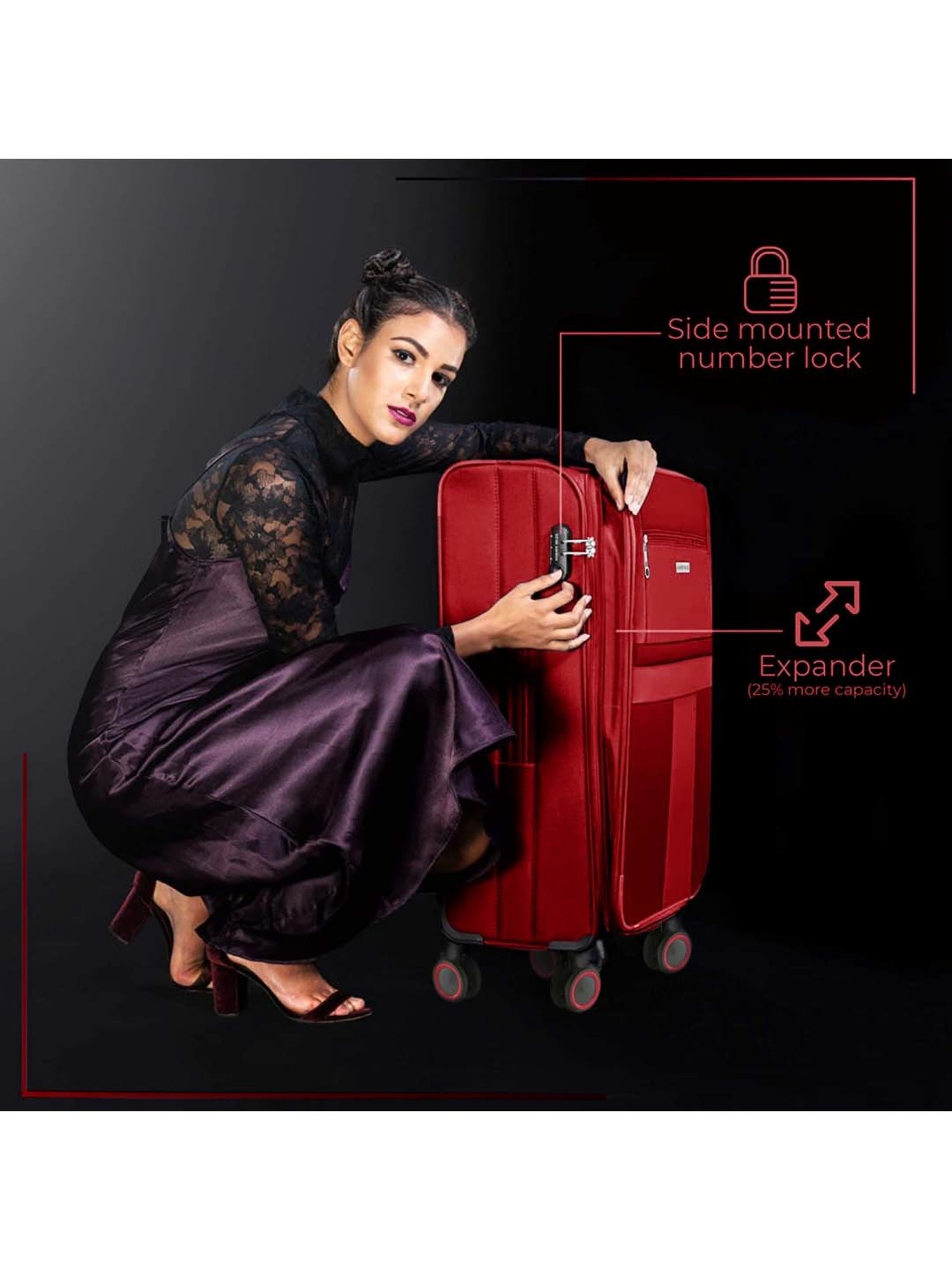 Nasher Miles Toledo Expander Soft-Sided Polyester  Set of 3 Red Trolley Bags (55, 65 & 75 cm)