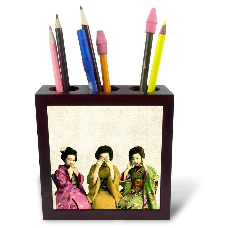 3dRose ph_130477_1 See, Speak, Nor Hear No Evil Vintage Girls Digital Art-Tile Pen Holder, 5-Inch