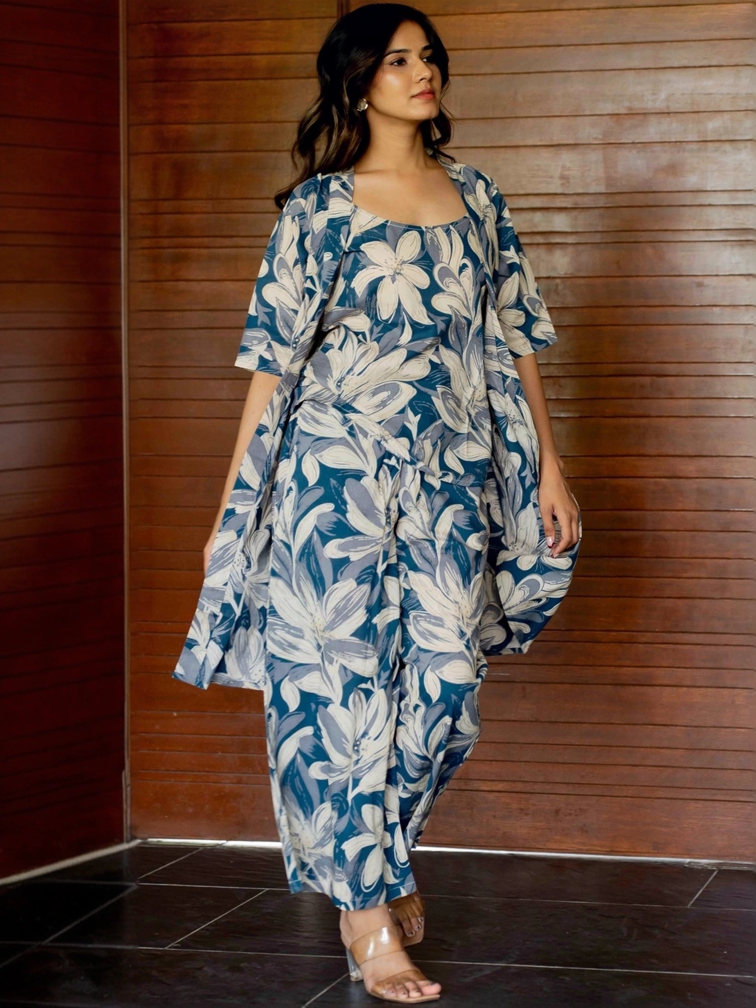 MIRCHI FASHION Blue Cotton Printed Top Palazzo Set With Shrug