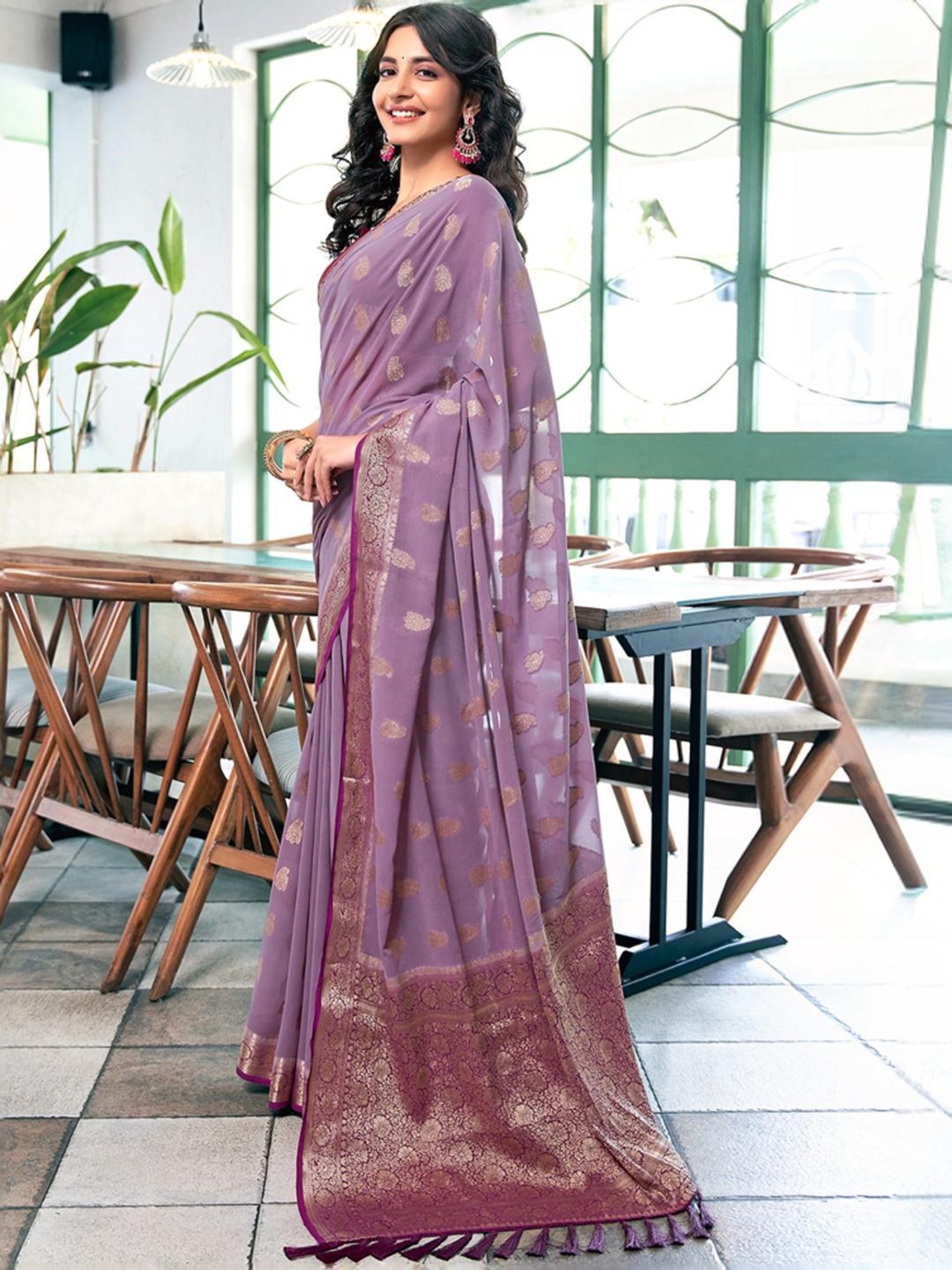 Satrani Purple Woven Saree With Unstitched Blouse