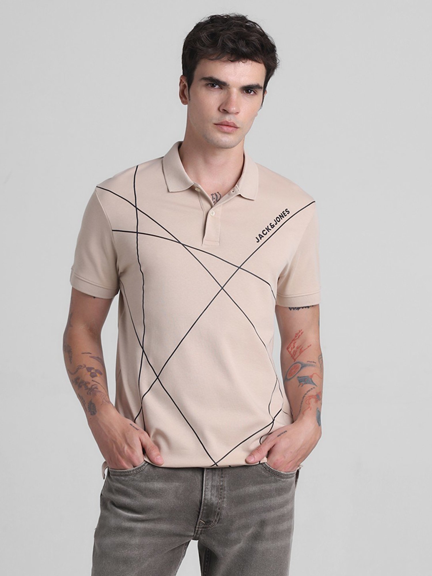 Jack & Jones Doeskin Cotton Slim Fit Printed Polo T-Shirt