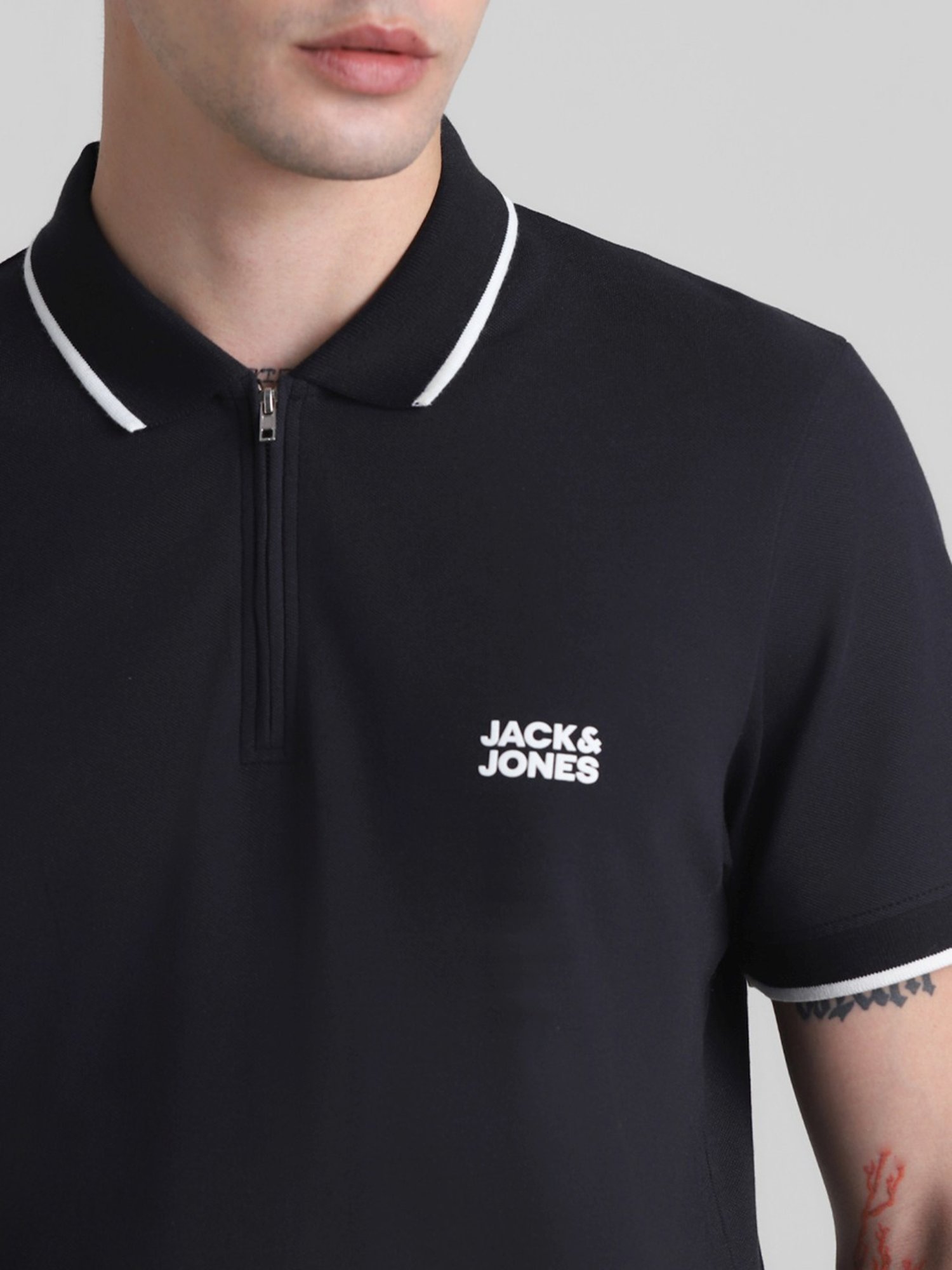 Jack & Jones Jet Black Cotton Slim Fit Polo T-Shirt