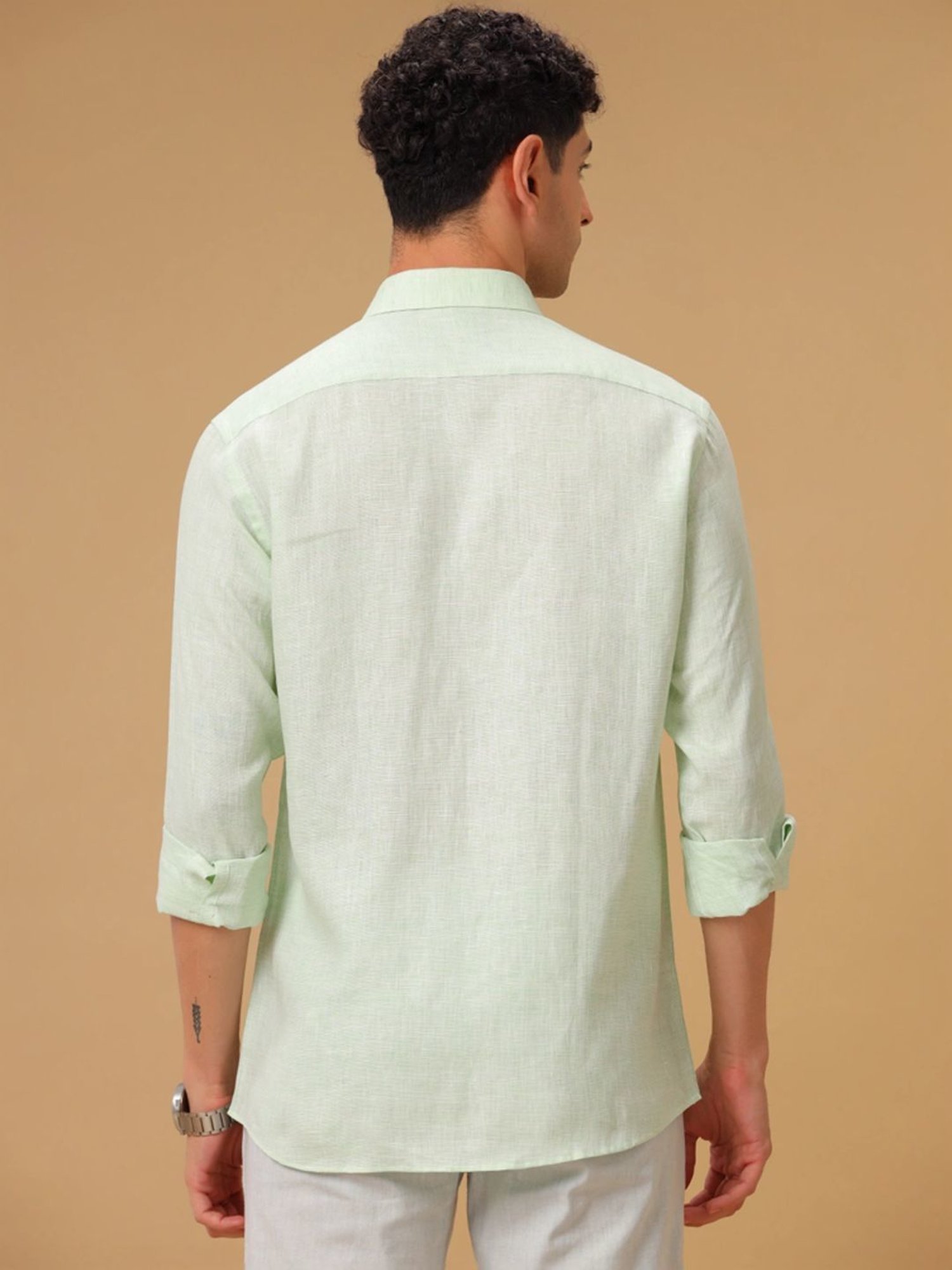 Linen Club Green Linen Contemporary Fit Texture Shirt