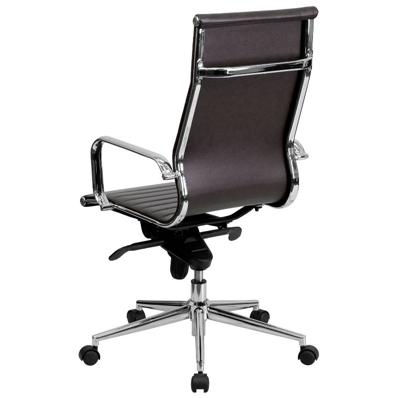 High Back Ribbed Leather Office Chair with Knee Tilt Control and Arms Brown Leather/Chrome Frame - Riverstone Furniture