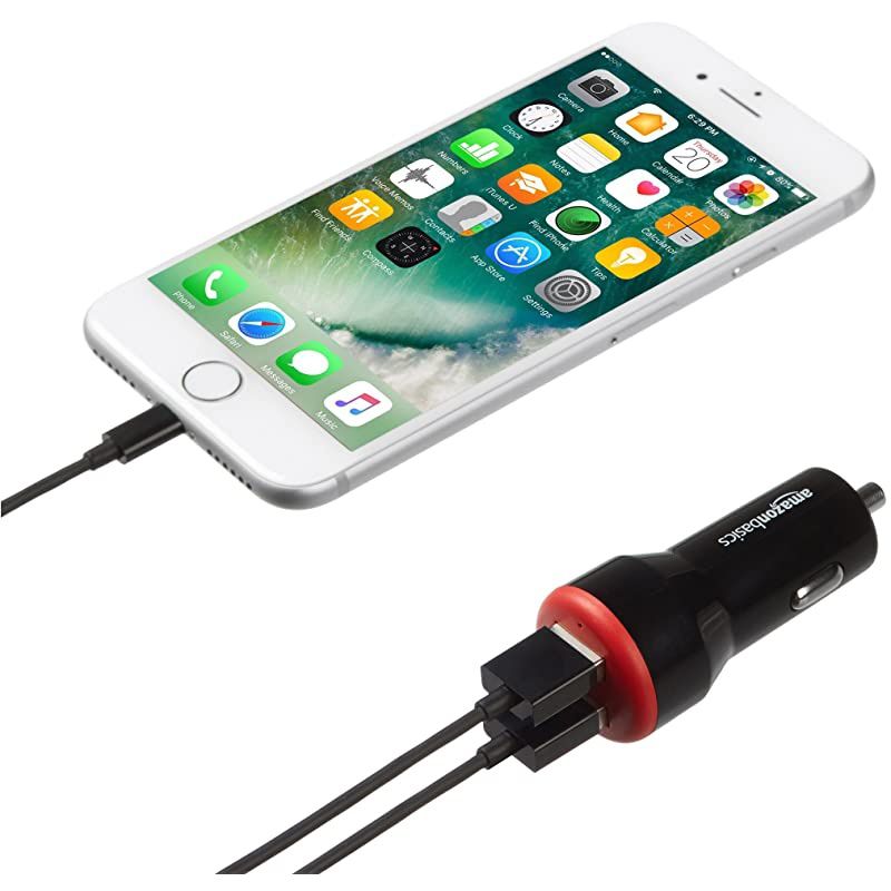 DualPort USB Car Charger Adapter for Apple and Android Devices 48 Amp 24W Black and Red