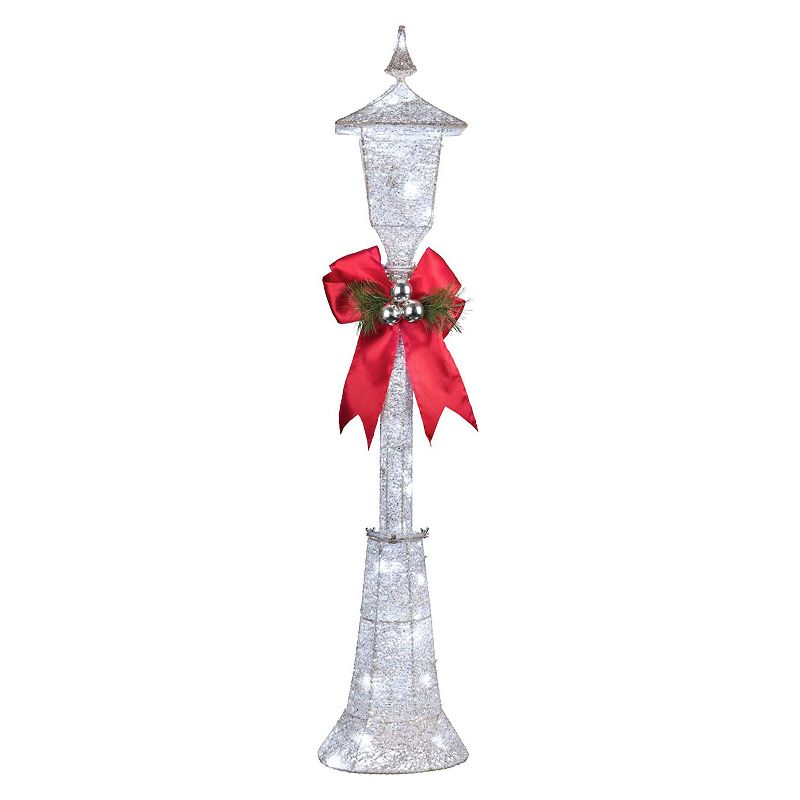 Haute Decor 48 Inch Pre-Lit LED Outdoor Lamppost Holiday Yard Decor with 50 Cool White LED Lights, Metal Frame, Sequins, and Glitter, Sliver