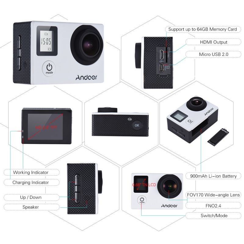 Andoer 4K 30fps/1080P 60fps Full HD 16MP Action Camera Waterproof 30m WiFi 2.0"LCD Sports DV Cam Camcorder 170 Degree 4X Zoom Dual Screen Car DVR w/ Remote Control