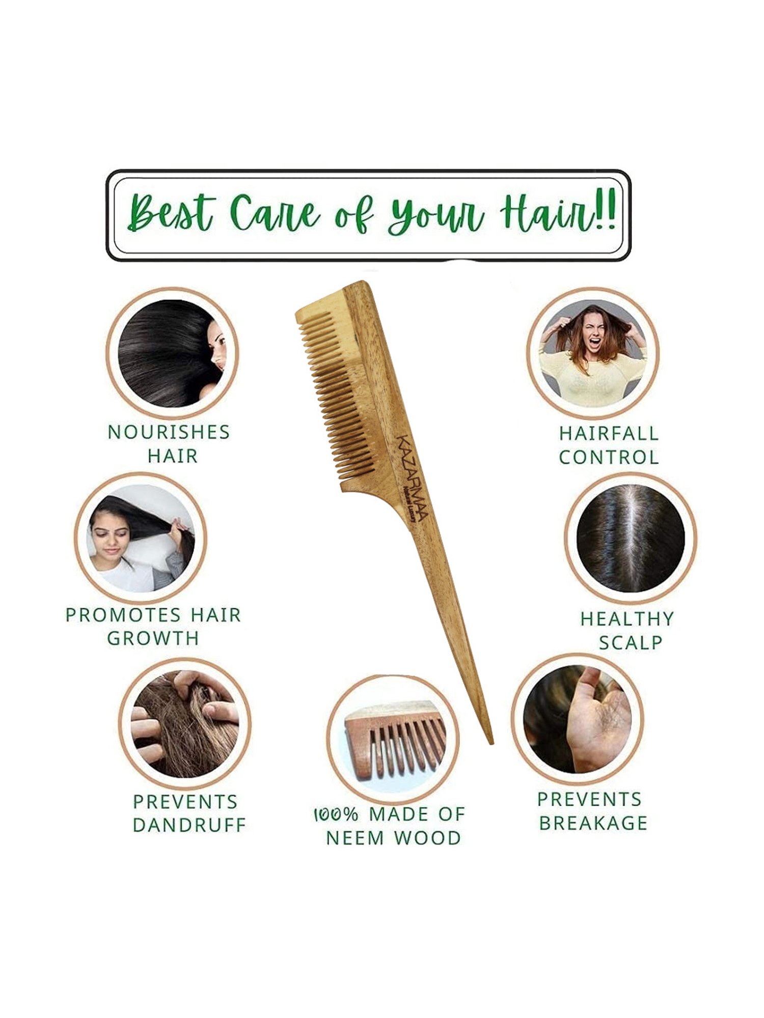 Kazarmaa Natural Neem Wood Tail Handle Comb