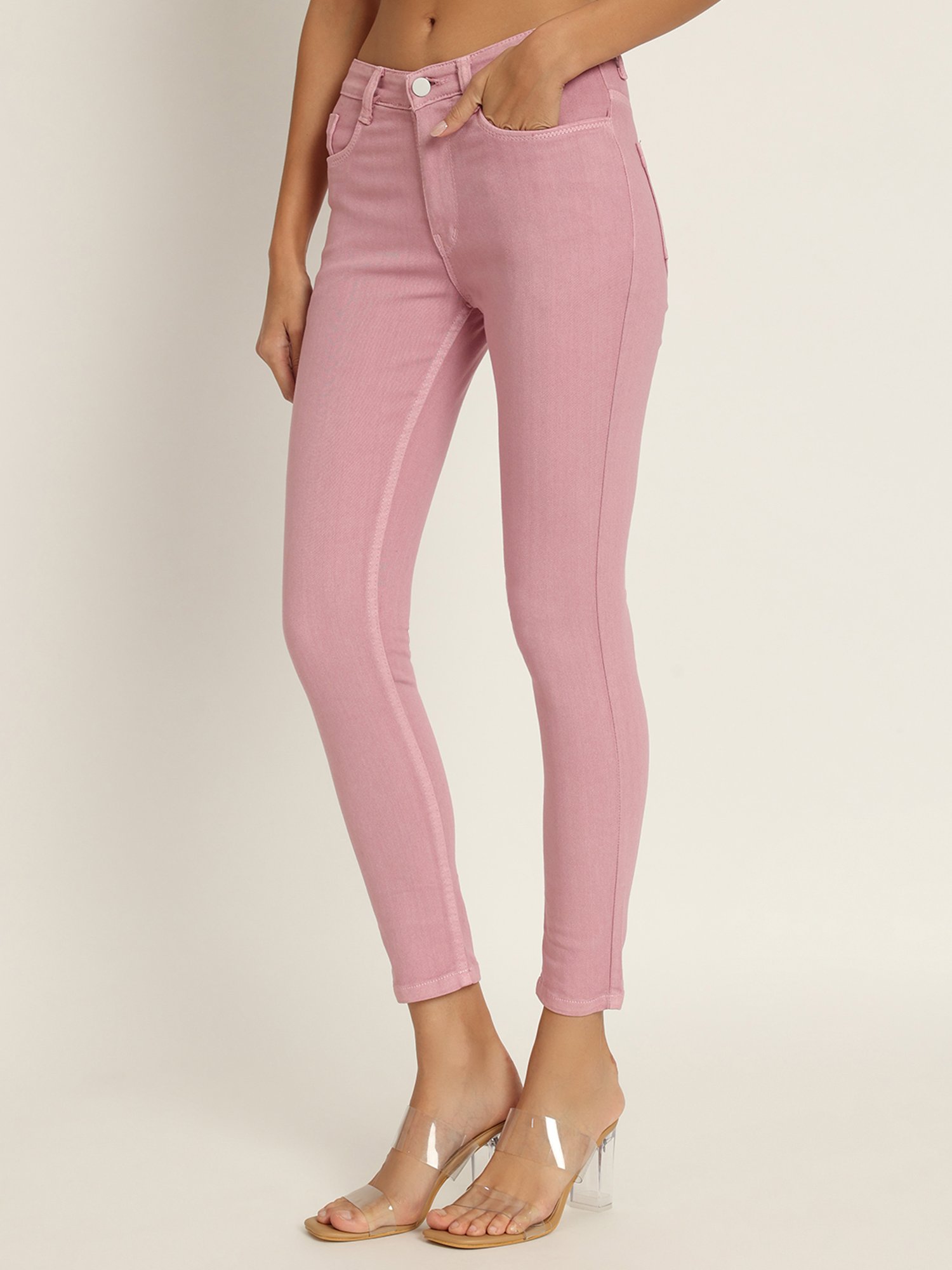 Angelfab Light Pink Cotton Skinny Fit High Rise Jeans