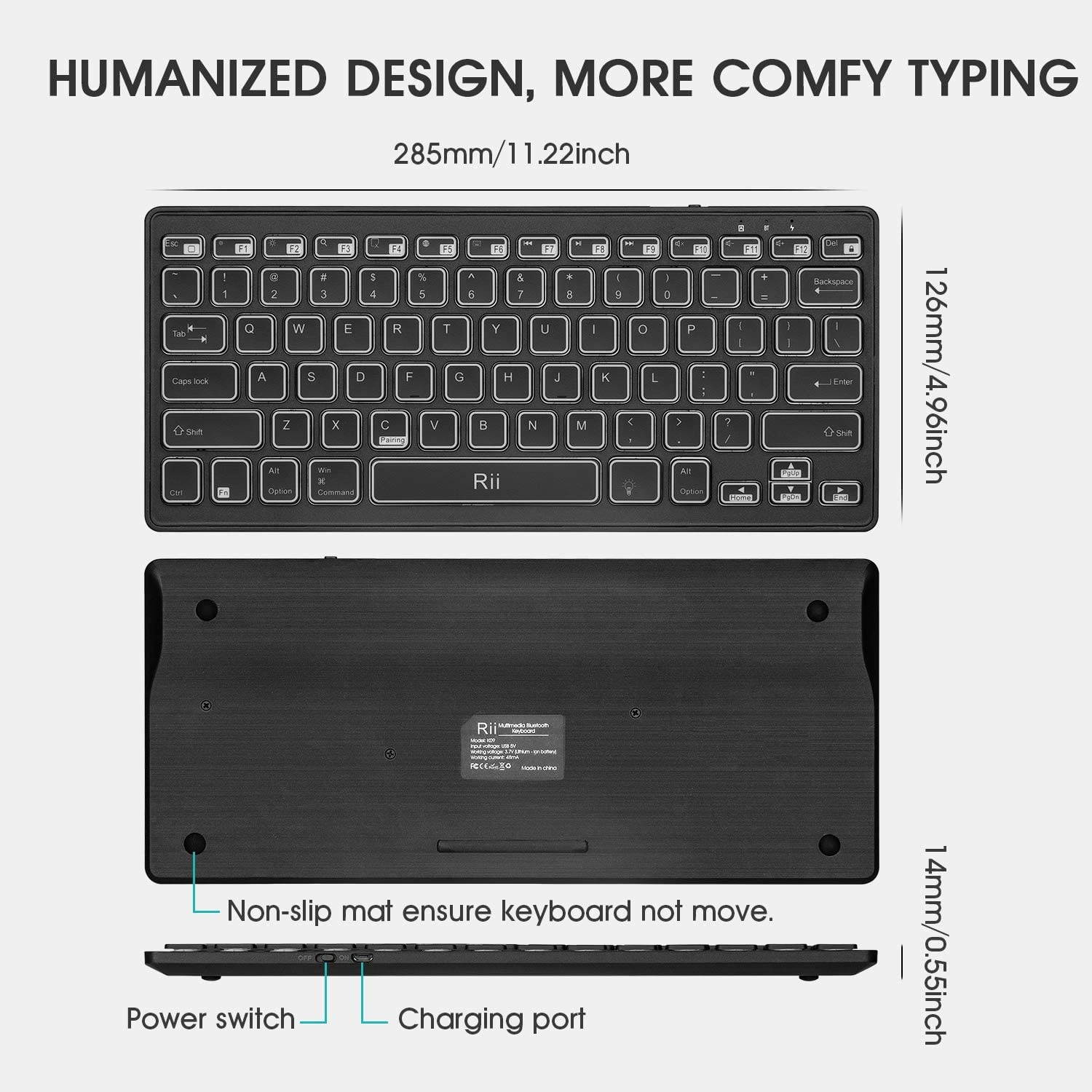 Rii Bluetooth 4.0 Wireless Multiple Color Rainbow LED Backlit Keyboard With Rechargeable Battery For iOS Android and Windows Tablet PC Laptop Notebook MacBook