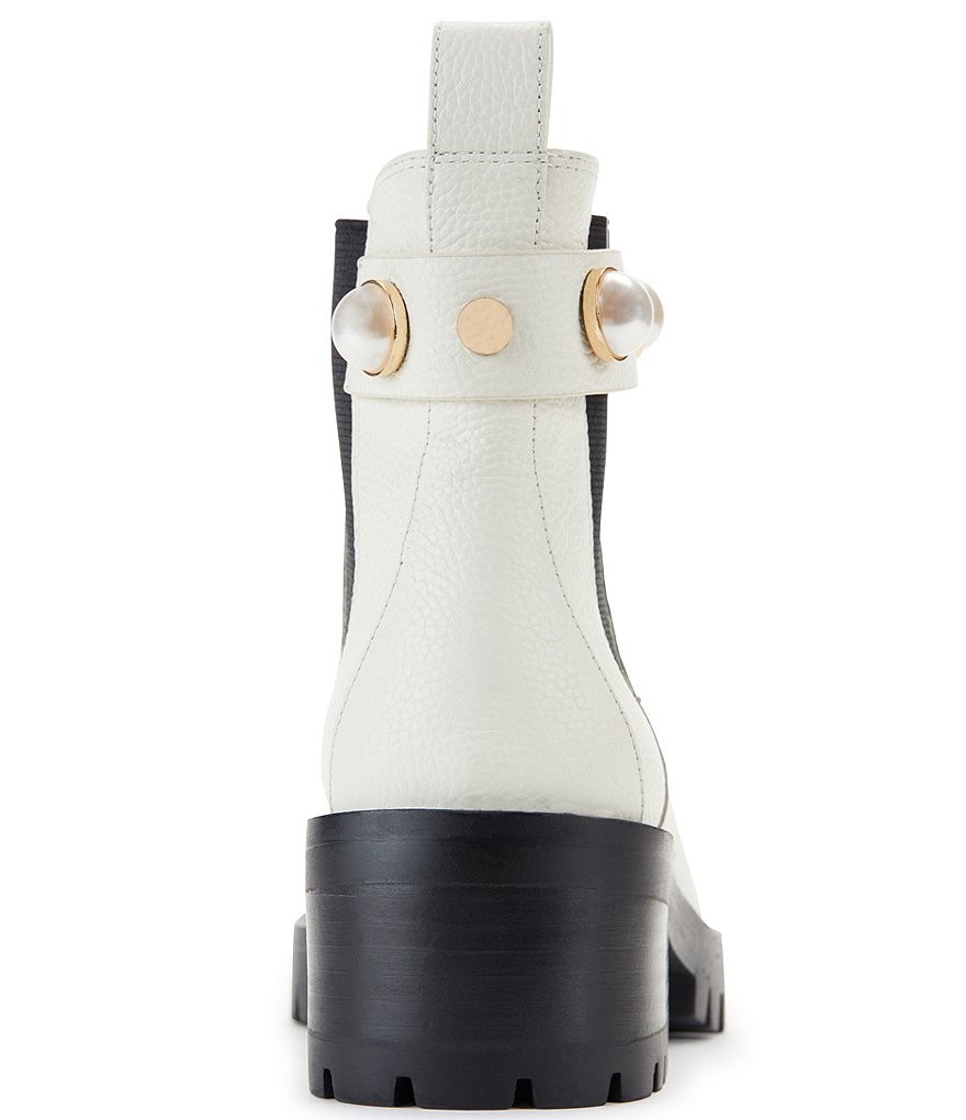 KARL LAGERFELD PARIS Pola Leather Pearl Stud Ankle Strap Lugged Sole Chelsea Booties