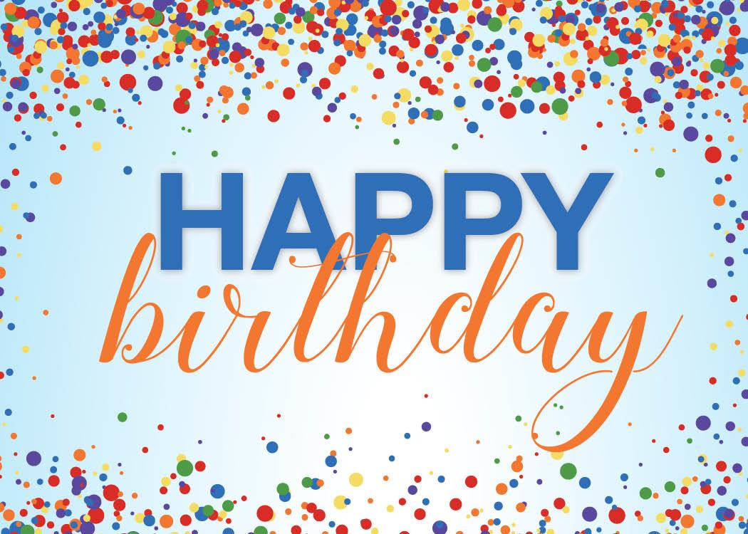 Birthday Greeting Cards - B1701. Greeting Cards Featuring Colorful Confetti Surrounding a Birthday Message on a Blue Background. Box Set Has 25 Greeting Cards and 26 Bright White Envelopes.