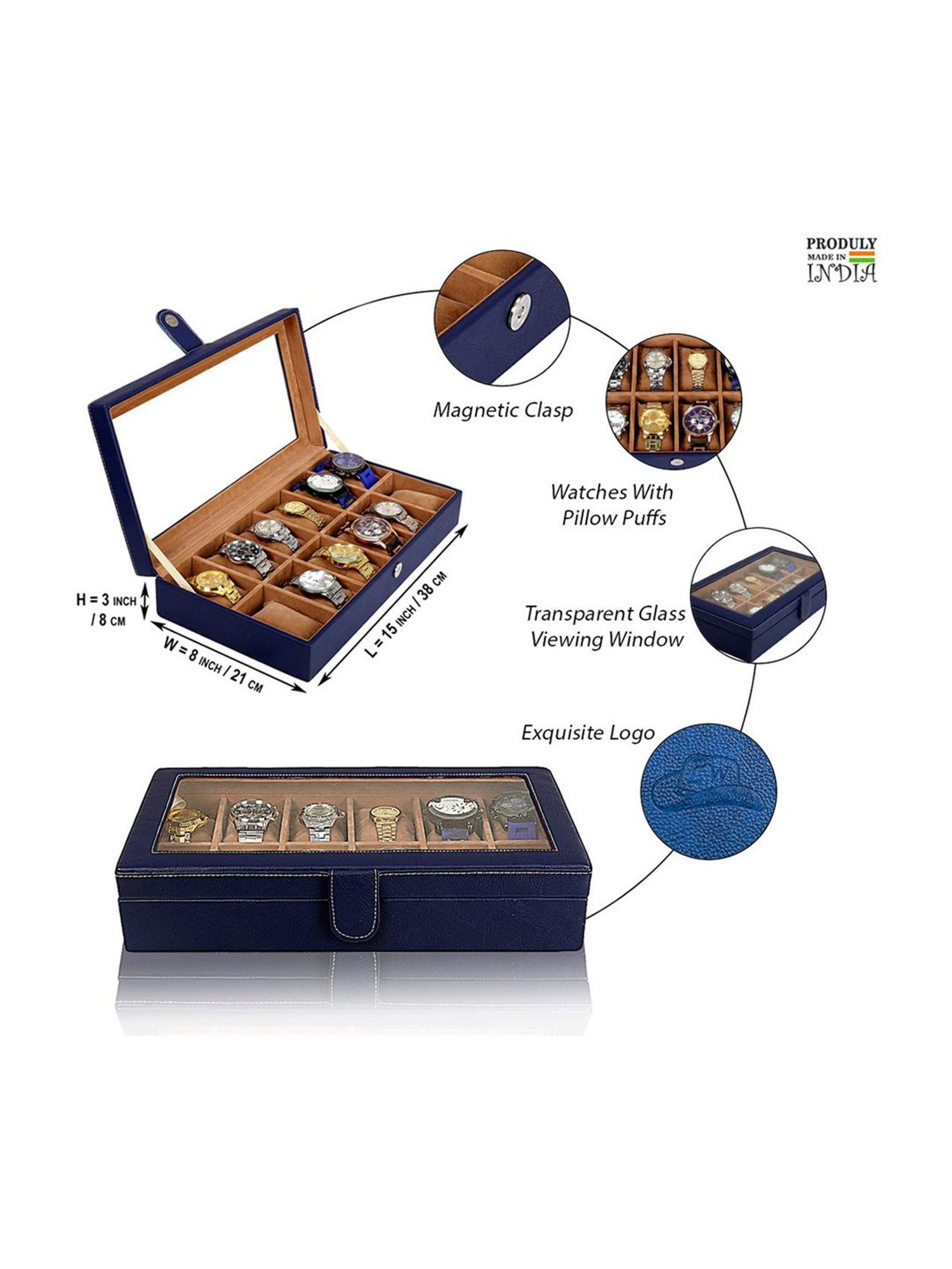 Leather World Blue Watch Box Holder Organizer Case in 12 Slots