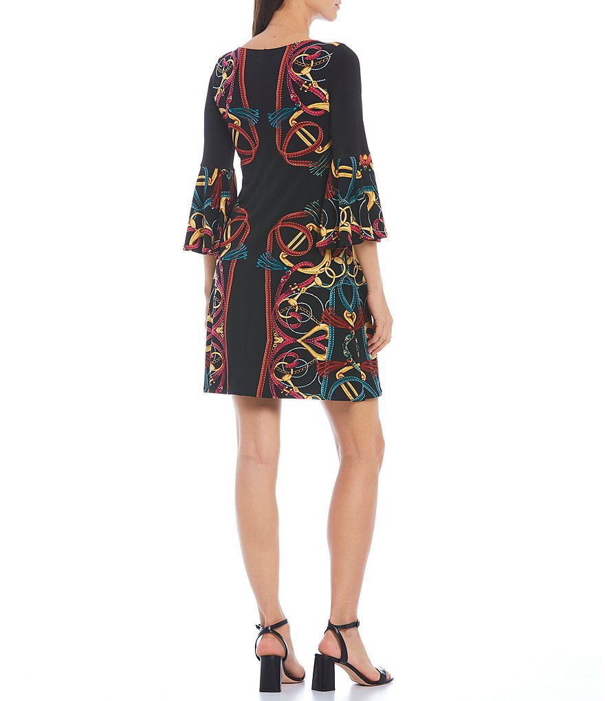 Eva Varro Mirrored Scarf Print Knit Ruffle Bell 3/4 Sleeve Boat Neck Dress