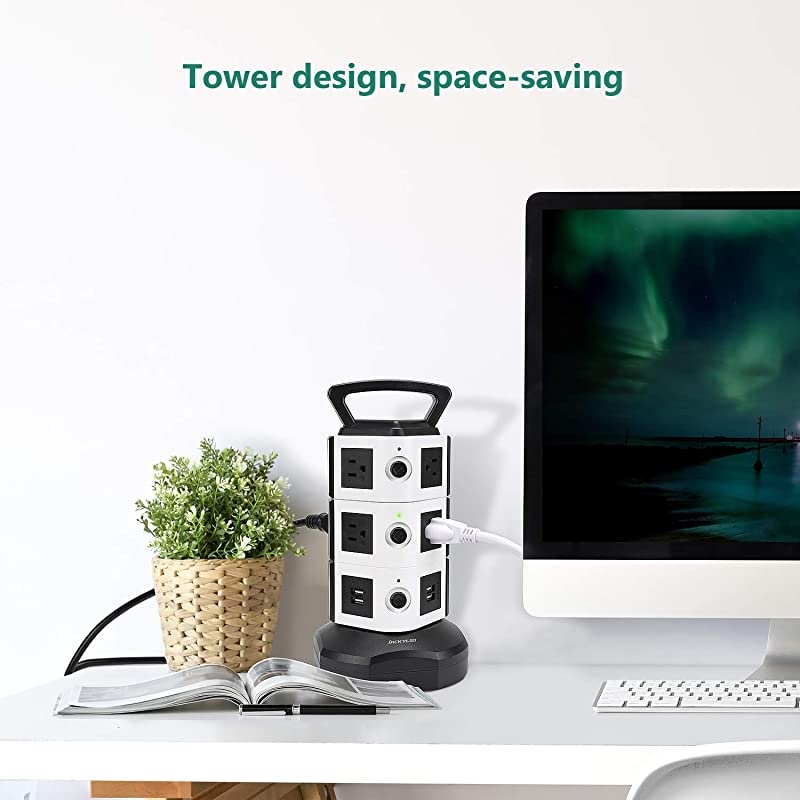 Strip Tower JACKYLED Surge Protector Electric Charging Station 3000W 13A 10 Outlets 4 USB Ports with 16AWG 65ft Heavy Duty Extension Cord for Home Office