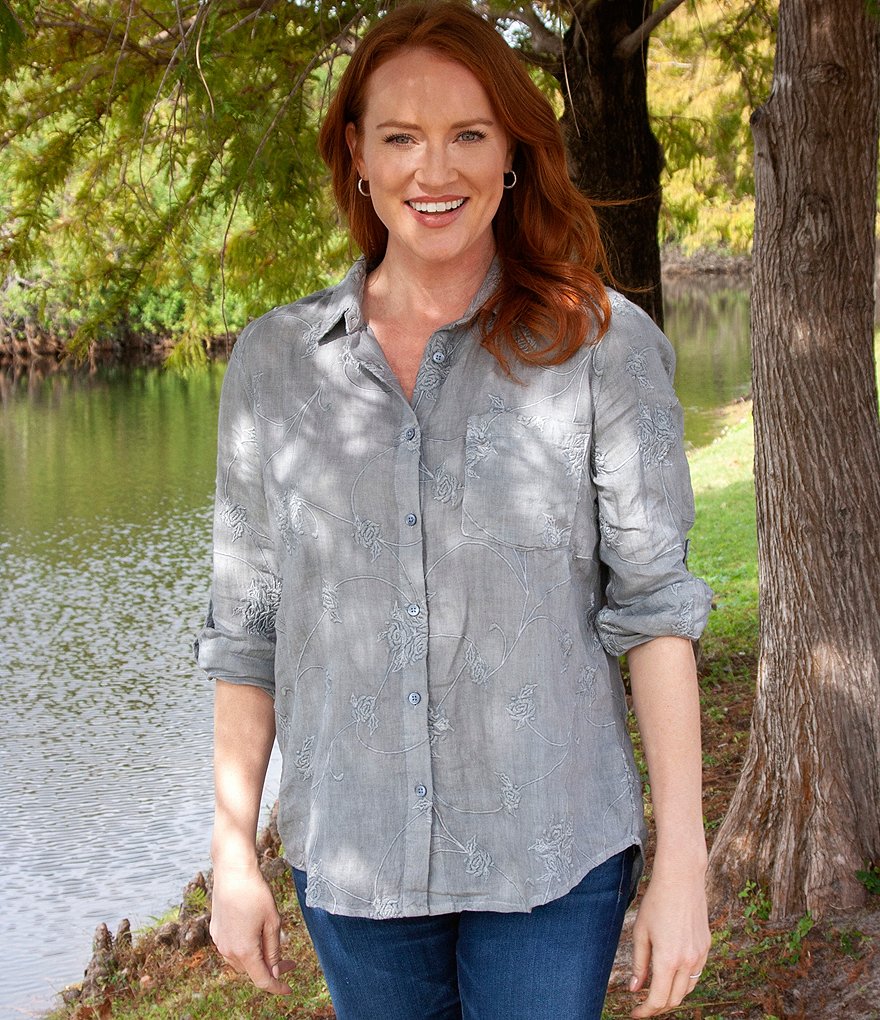 Karyn Seo Delilah All-Over Vintage Tonal Embroidered Roll-Tab Sleeve Button Down Linen Shirt