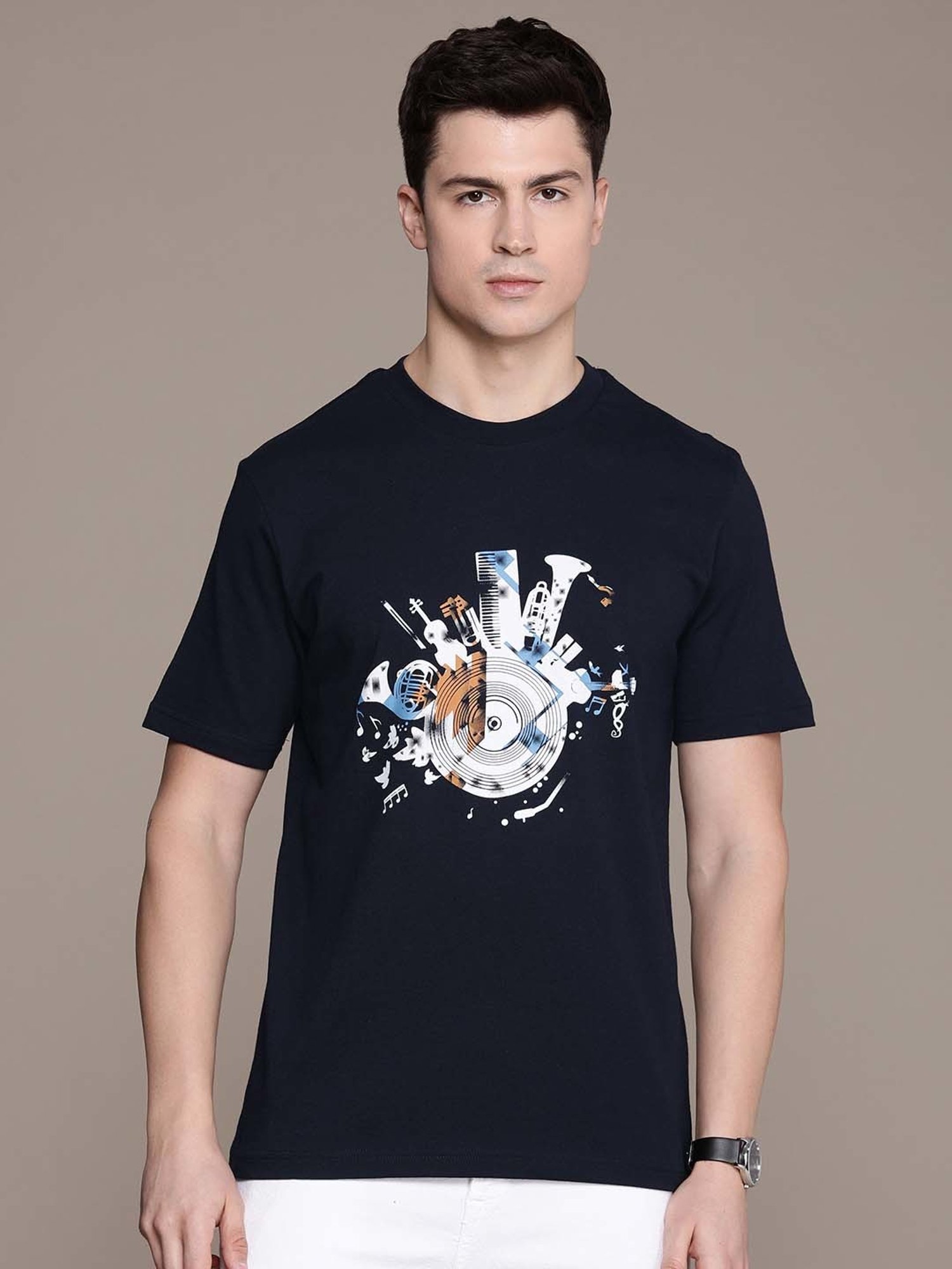 Burnt Umber Navy Regular Fit Printed T-Shirt
