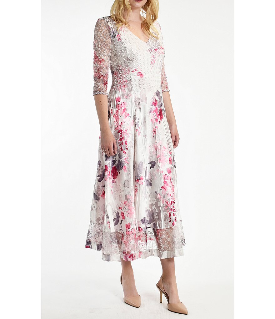 Komarov 3/4 Lace Sleeve Pleated Charmeuse Floral Print A-Line Midi Dress