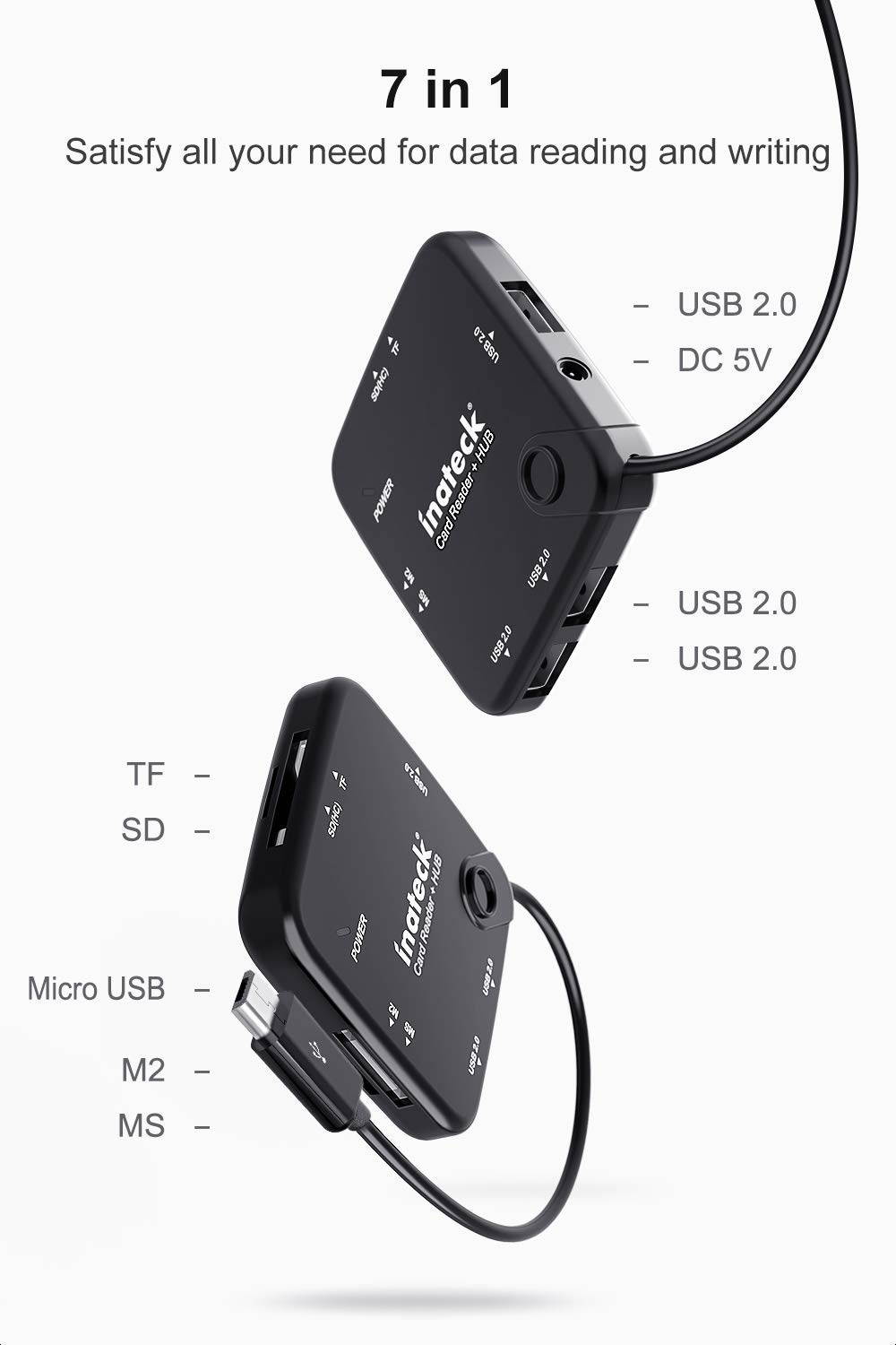 Inateck Card Reader Adapter, USB OTG Adapter with SD/TF/MS/M2 Card Slot and 3 USB 2.0 Ports, (No Power Adapter), Black, HB3001G