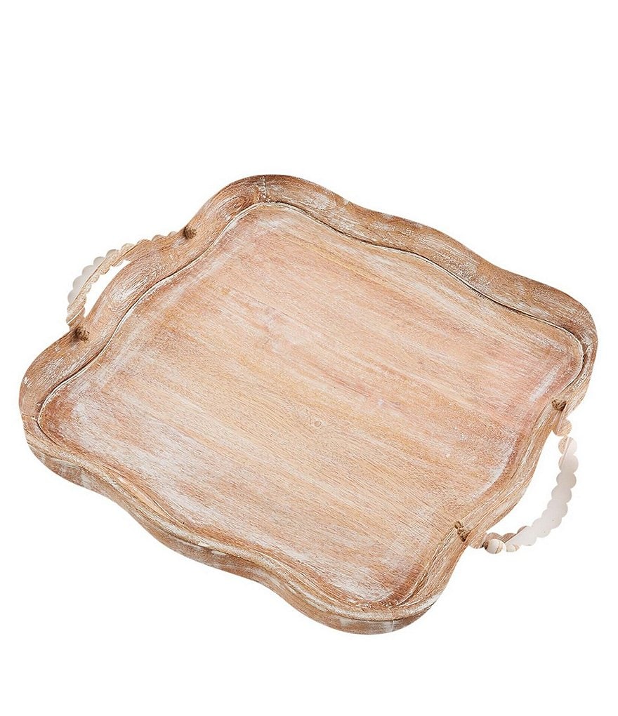 Mud Pie Scalloped Handled Beaded Wood Tray