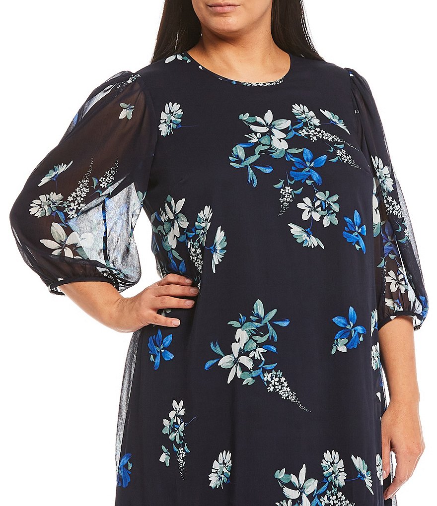 Calvin Klein Plus Size Crew Neck Floral 3/4 Balloon Sleeve Trapeze Dress