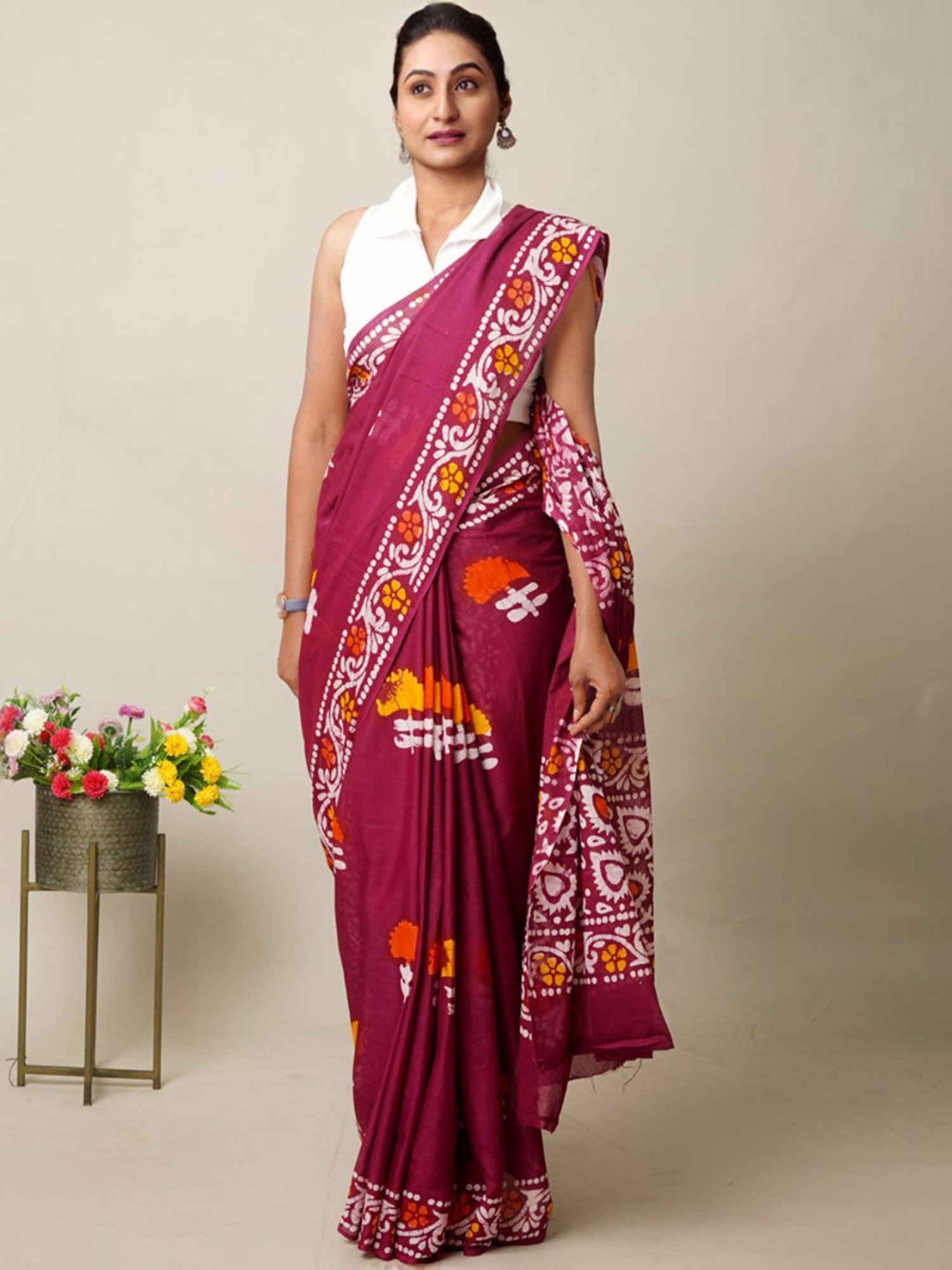 Unnati Silks Maroon Cotton Printed Saree With Unstitched Blouse