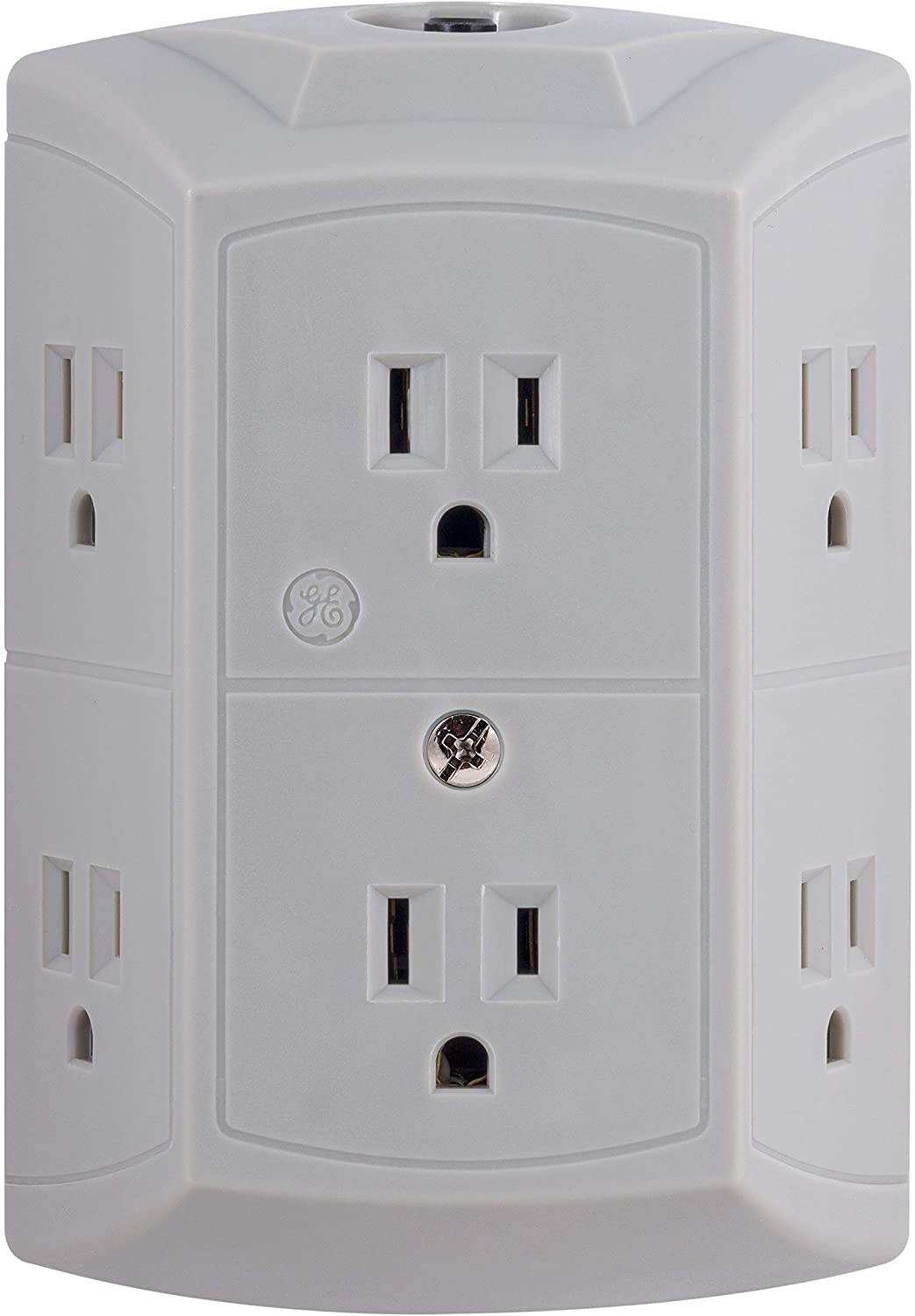 GE Pro 6 Outlet Surge Protector Adapter Spaced Tap, 3-Prong Power Strip, Charging Station, Side Access, White, 43648