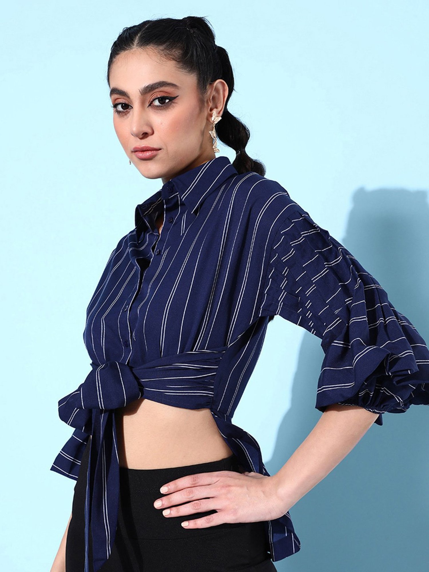 QUIERO Navy Striped Top