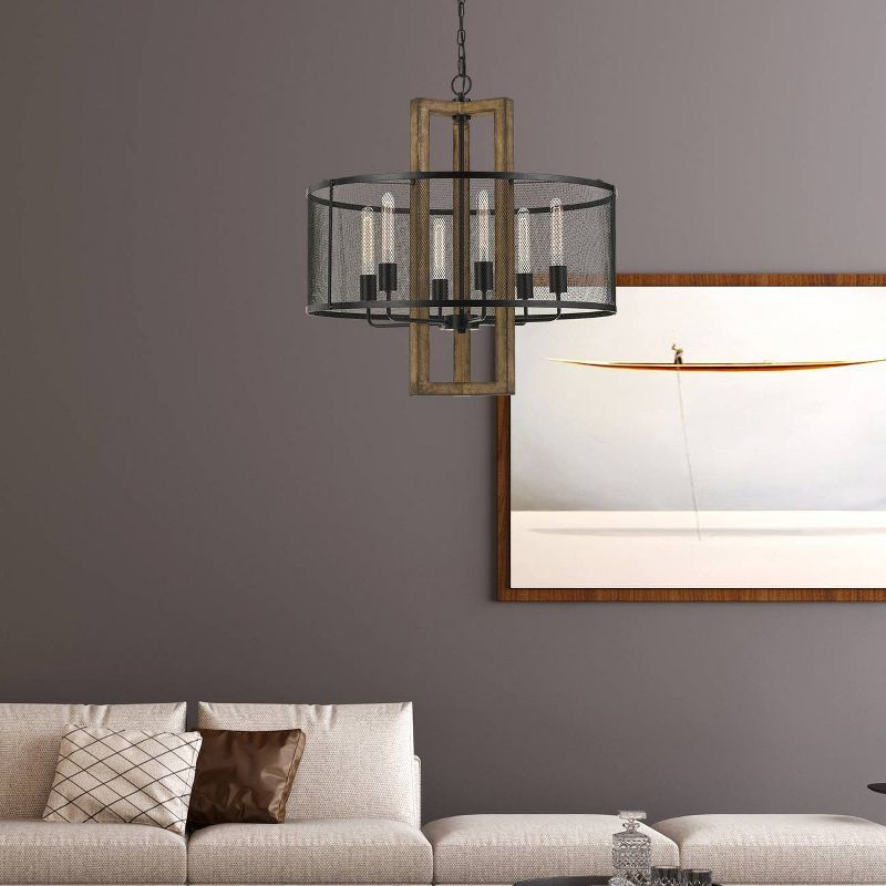(28" x 28") 6 Light Wood and Metal Round Monza Chandelier with Mesh Shade Brown - Cal Lighting