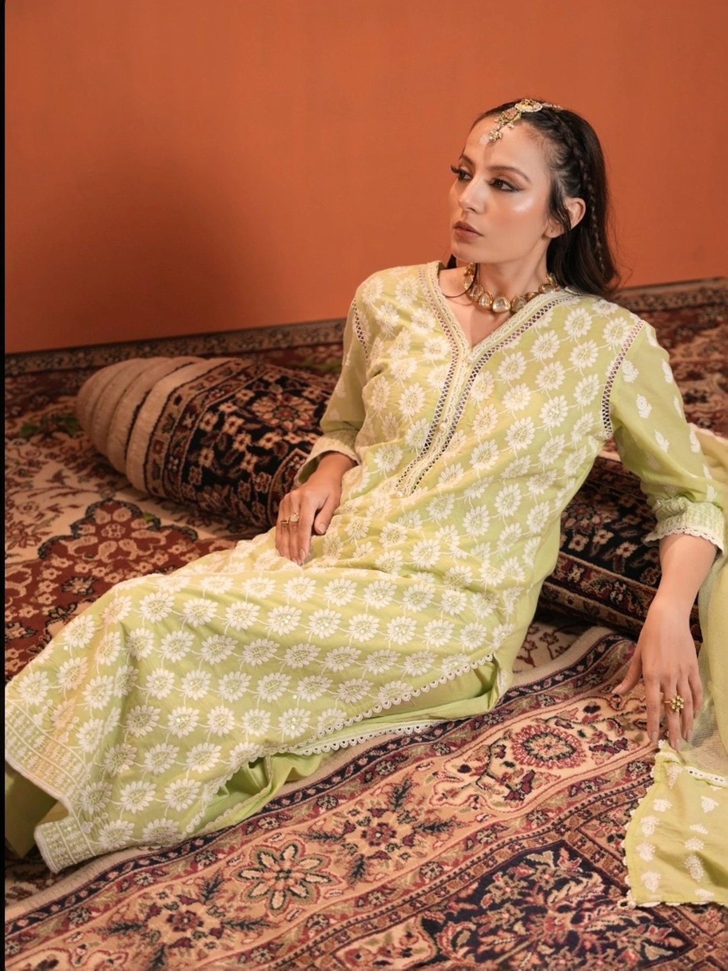 Heeposh Green Cotton Embroidered Kurta Pant Set With Dupatta