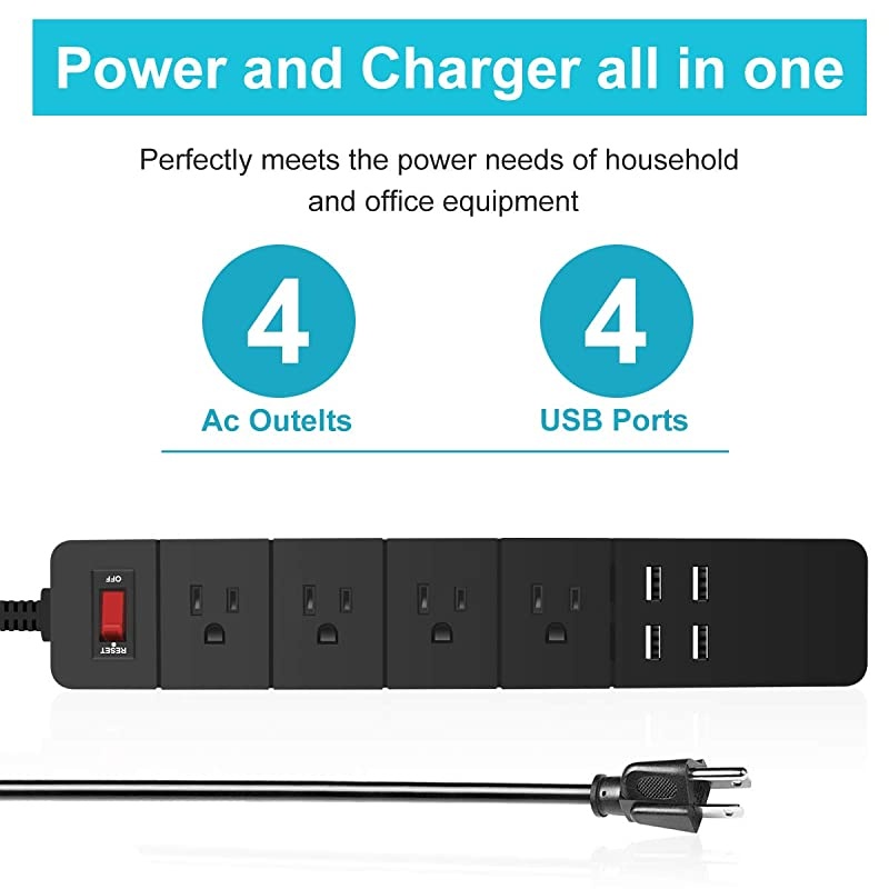 USB Power Strip, 4 USB Ports & 4 Outlets, Fast Charging, White 5.5 ft Cord, 1875W/15A Protector for Desktop, Home, Office & Nightstand Charging Station -
