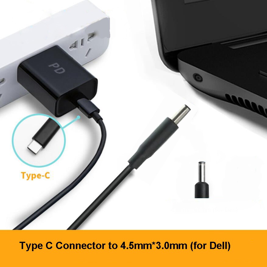 USB-C to 4.5mm 3.0mm (Black Tip) Laptop Adapter Connector Converter for Dell