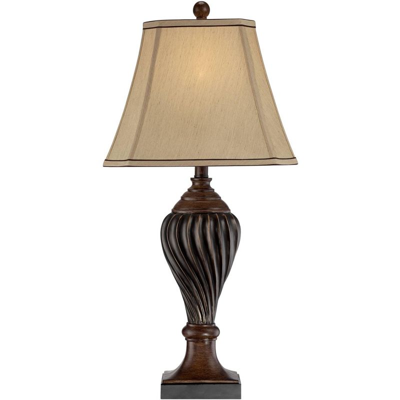 Regency Hill Traditional Table Lamp Carved Two Tone Brown Urn Shaped Beige Fabric Shade for Living Room Family Bedroom Bedside