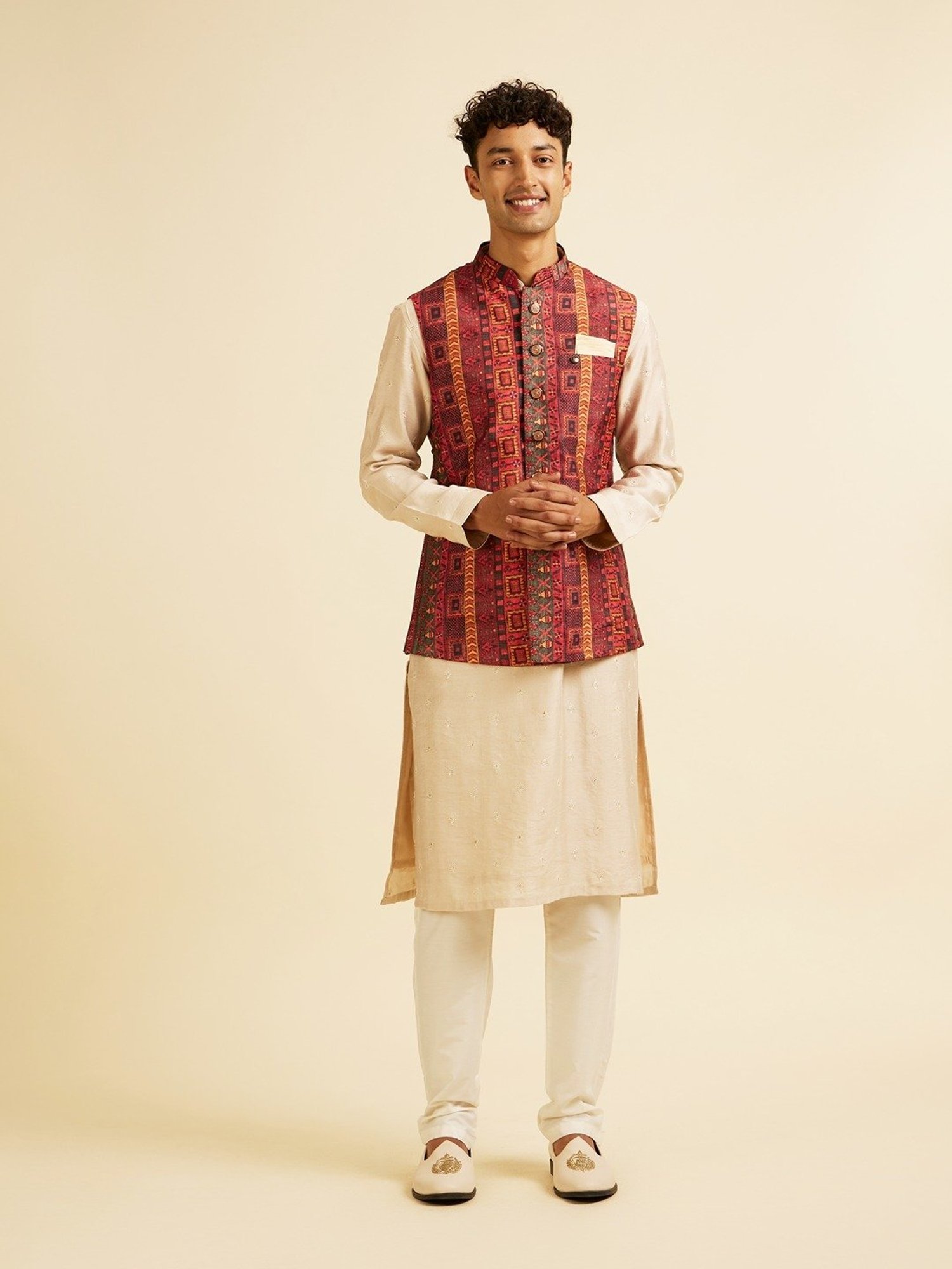 Manyavar Brown Regular Fit Printed Nehru Jacket