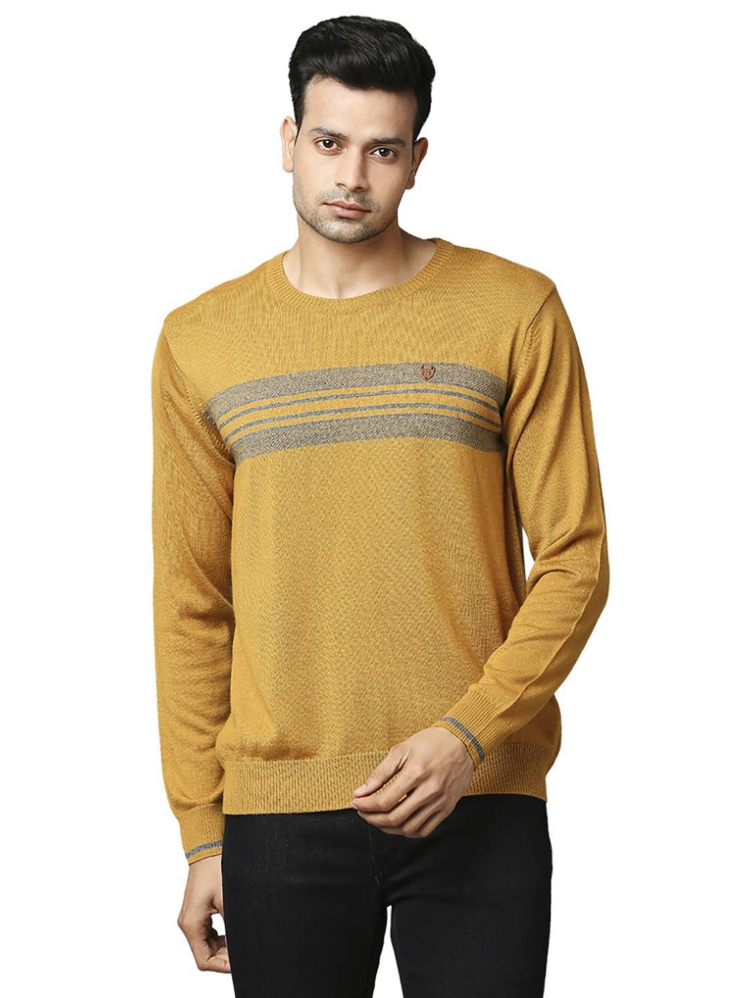 Raymond Yellow  Regular Fit Striped Sweaters