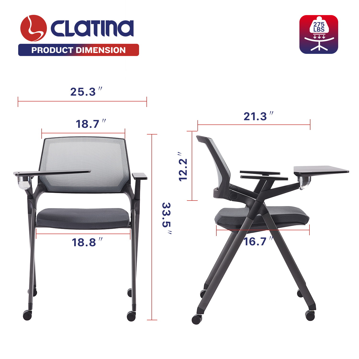 CLATINA Tablet Arm Chair with Caster Wheels Mesh Guest Nesting Stacking for Office School Classroom Training Conference Waiting Room Gray
