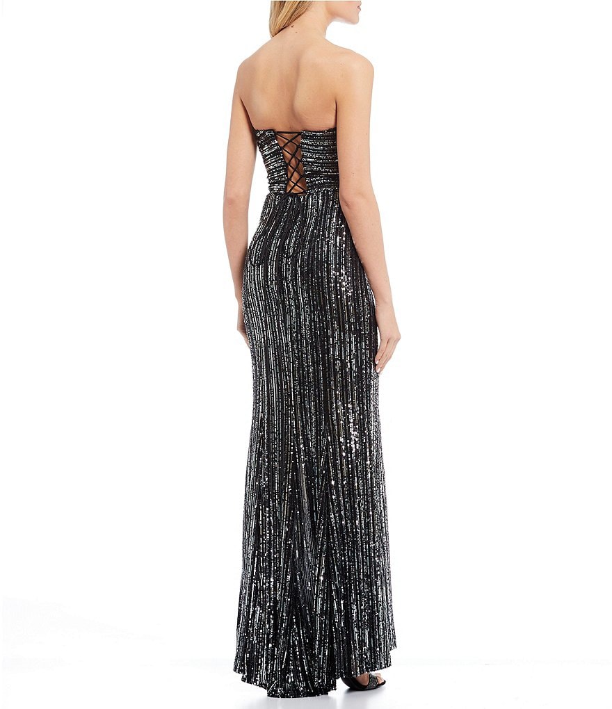 Blondie Nites Strapless Striped Sequin Lace-Up Back Side Slit Long Dress