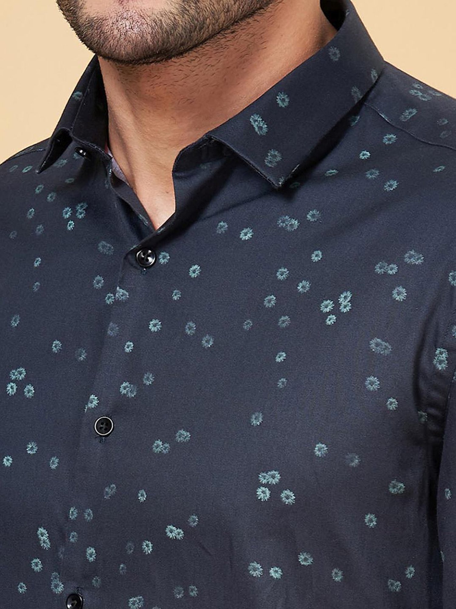 Peregrine by Pantaloons Navy Cotton Slim Fit Printed Shirt