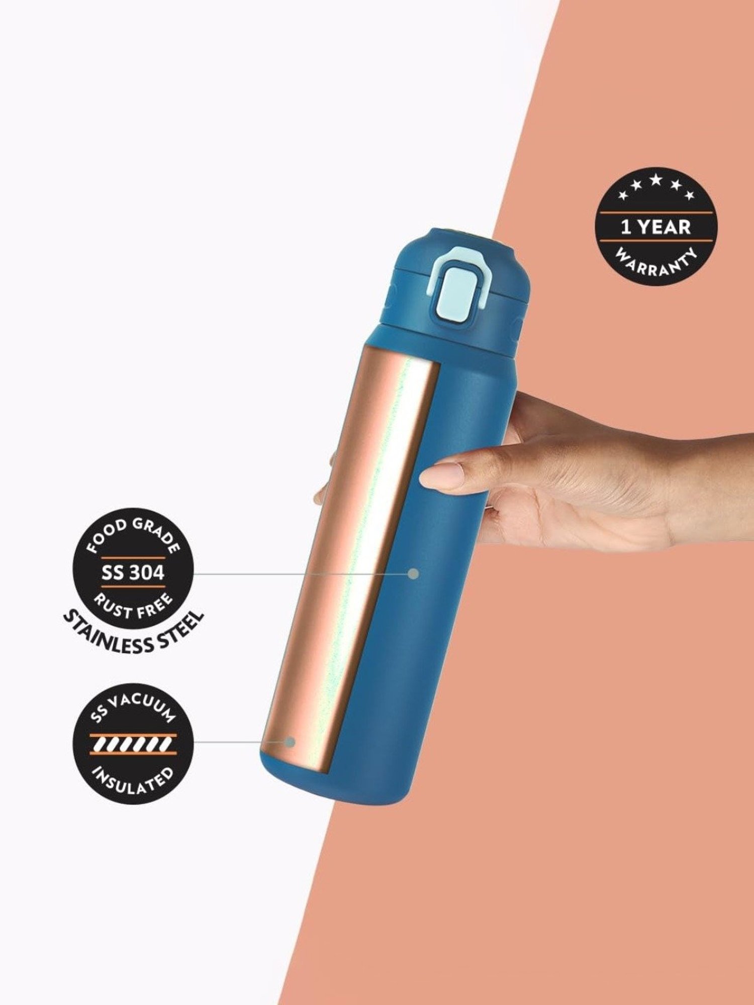 Borosil Blue Stainless Steel Double Wall Vaccum Insulated Water Bottles (800ml)