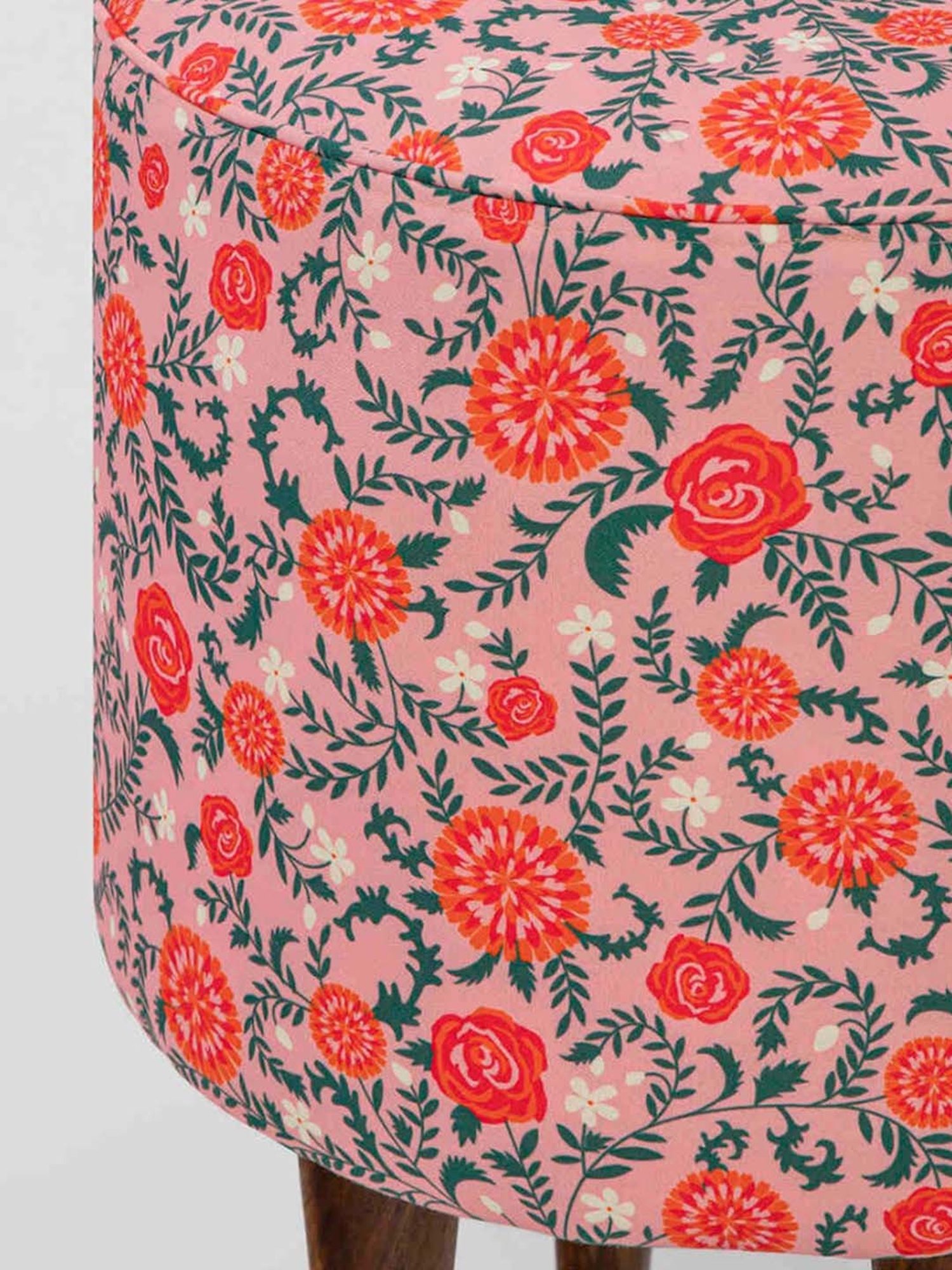 Chumbak French Earthy Floral Pink Wood Ottoman