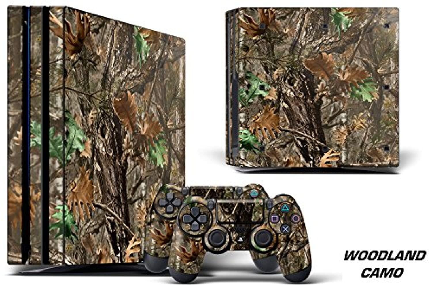 designer decal for playstation 4 pro system plus two (2) decals for ps4 dualshock controller - woodland camo