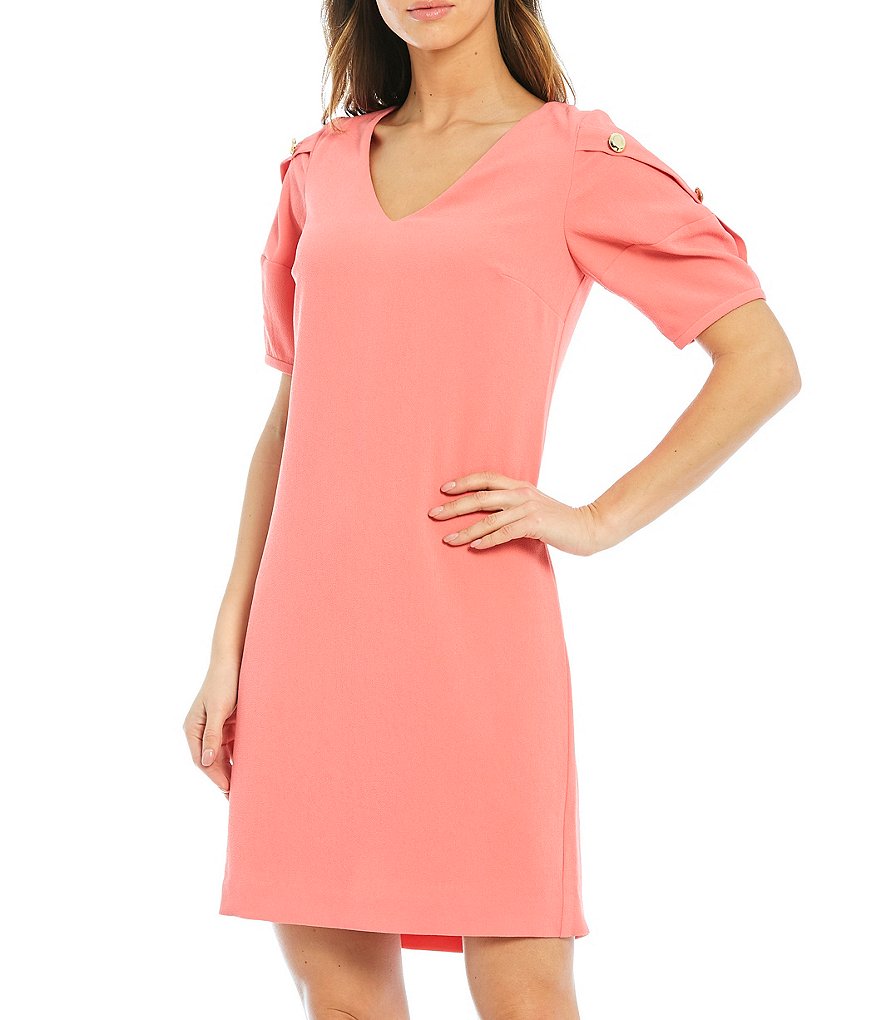 Trina Turk Lemonade V-Neck Puff Button Sleeve Detail Sheath Dress