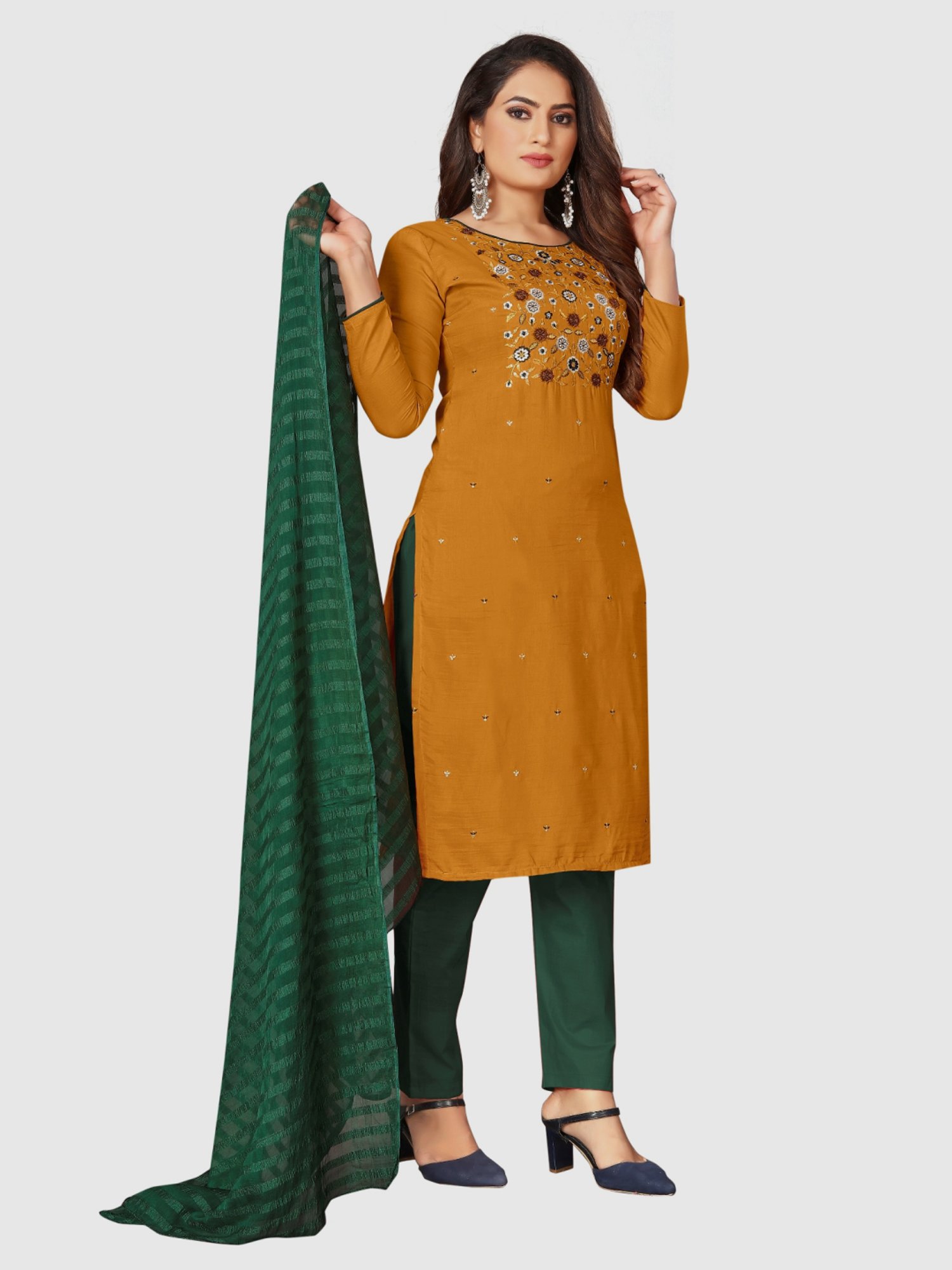 APNISHA Mustard Cotton Embroidered Unstitched Dress Material