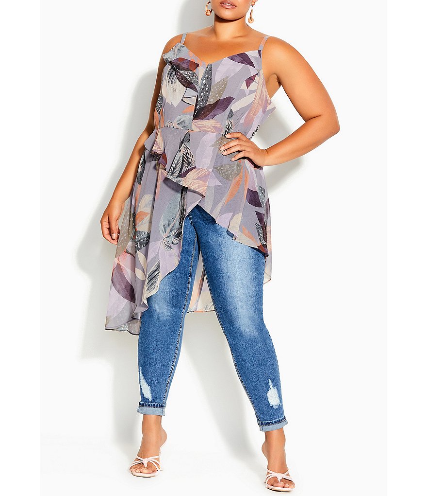 City Chic Plus Size Paradise Palm Sweetheart Neck Asymmetrical Hem Sleeveless Top