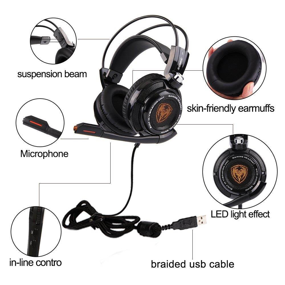 SOMIC G941 Gaming Headset For PS4, PC and Laptop, 7.1 Virtual Surround Sound USB Lightweight Over Ear Headphone with Mic,Volume Control,LED(Black)