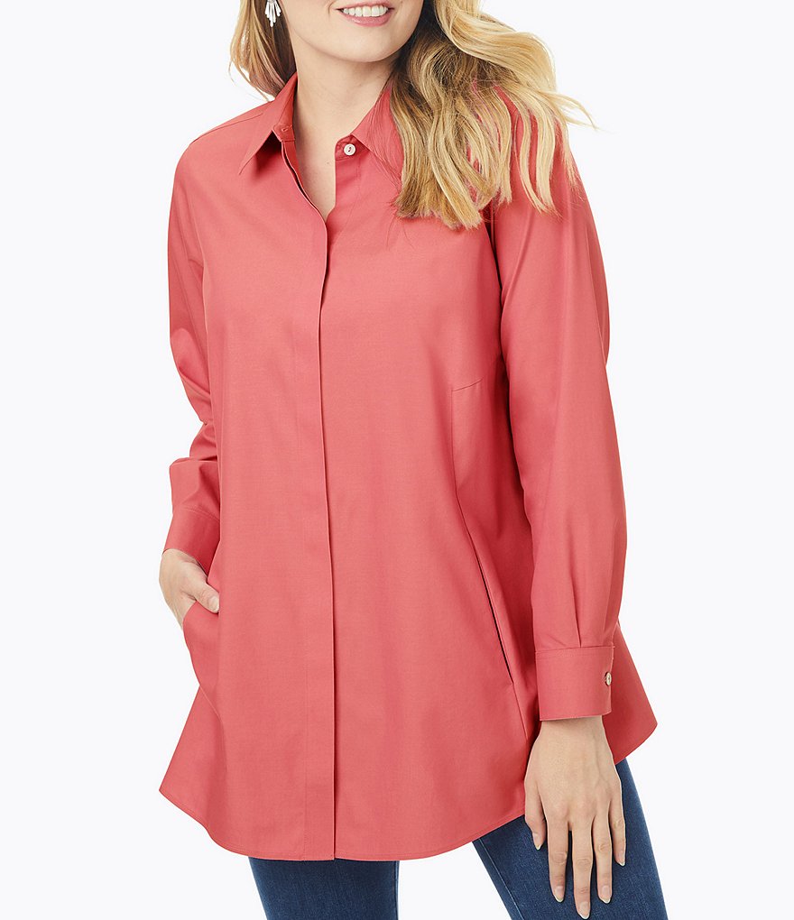 Foxcroft Plus Size Cici Solid Non-Iron Pinpoint Oxford Long Sleeve Point Collar Button Front Tunic
