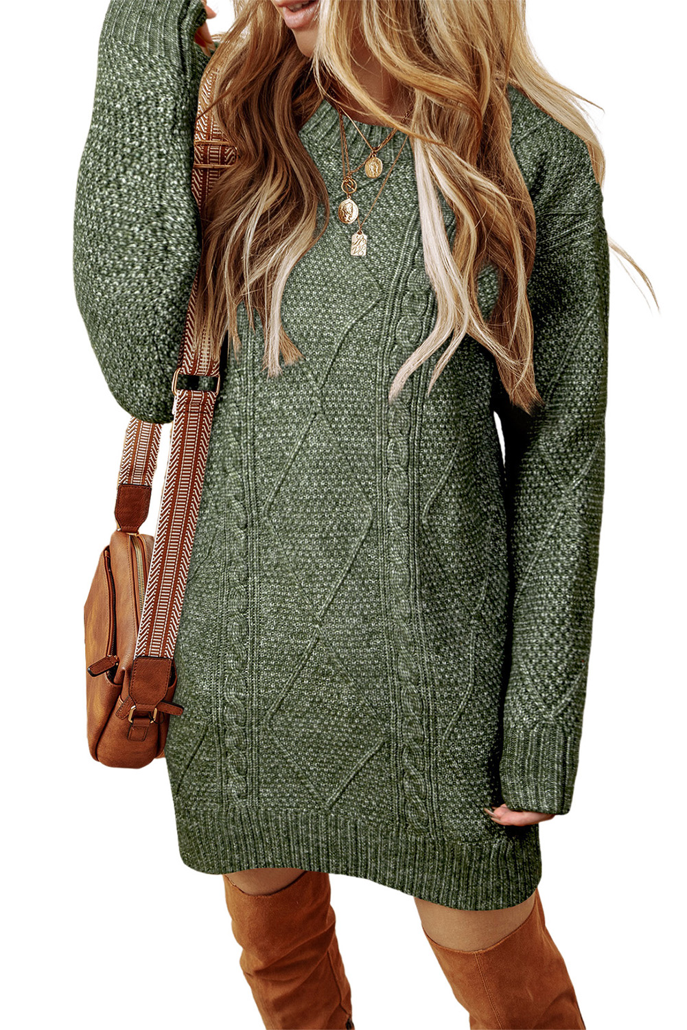 Mist Green Twist Cable Knit Drop Shoulder Loose Fit Sweater Dress